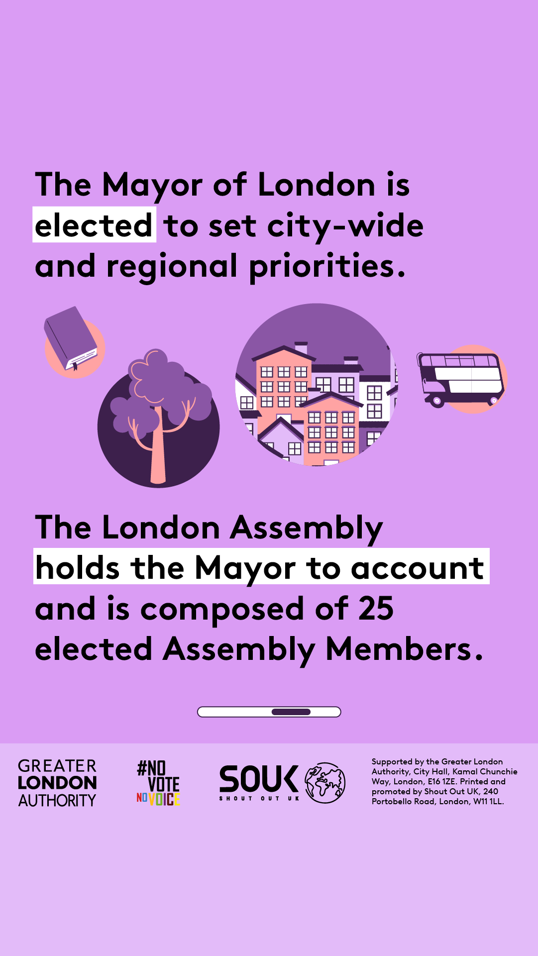 The Mayor of London is elected to set city wide priorities. There are bubbles with a book, tree, houses and a bus. The London Assembly holds the Mayor to account and is composed of 25 elected assembly members. 