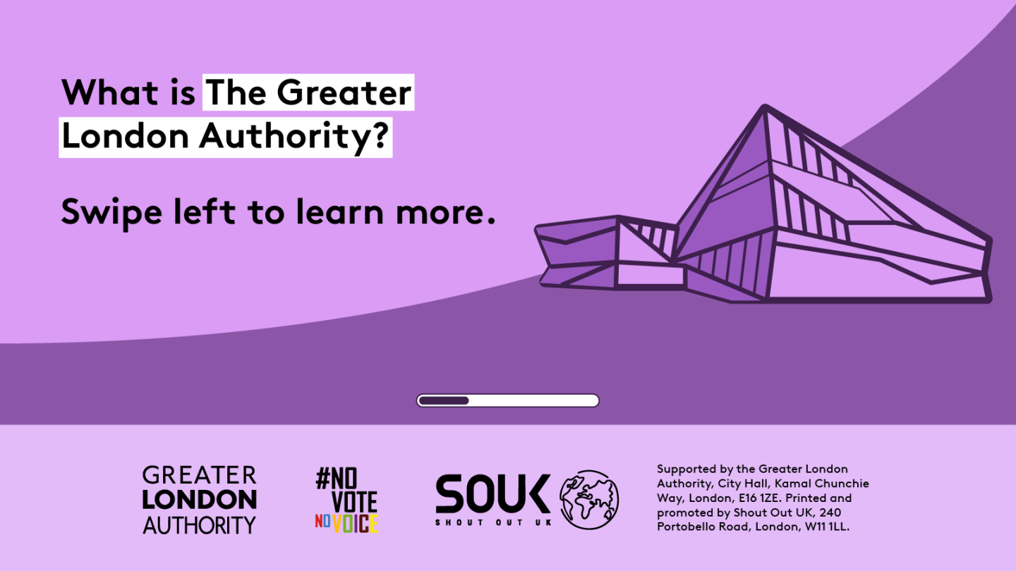 What is The Greater London Authority? Swipe left to learn more. There’s an outline image of London City Hall at Kamal Chunchie Way. 