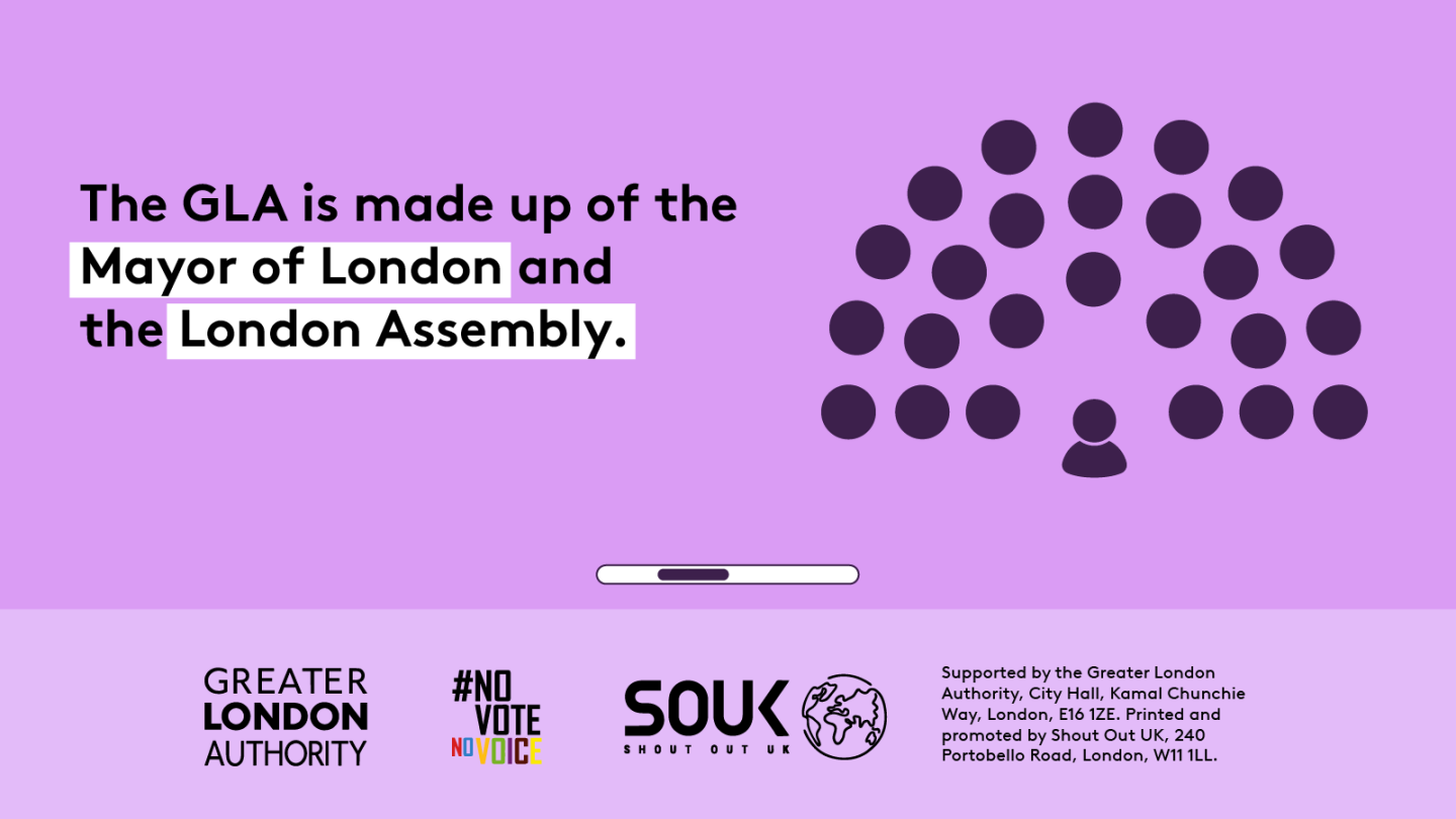 The GLA is made up of the Mayor of London and the London Assembly. Equal sized dots to represent the Mayor of London and London Assembly members are arranged in the same way that they sit in the chamber at London City Hall. 