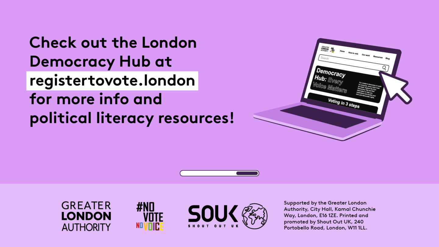 Check out the GLA Democracy Hub for more info on political literacy resources with an open laptop computer with the Democracy Hub homepage on the screen. 