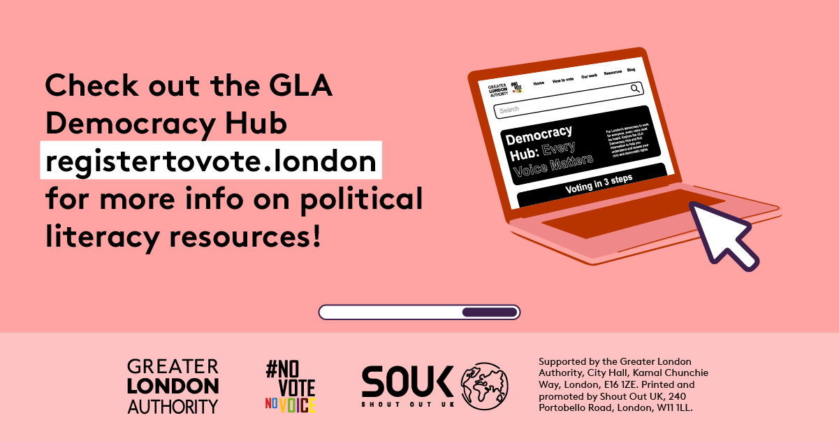 Check out the GLA Democracy Hub for more info on political literacy resources with an open laptop computer with the Democracy Hub homepage on the screen. 