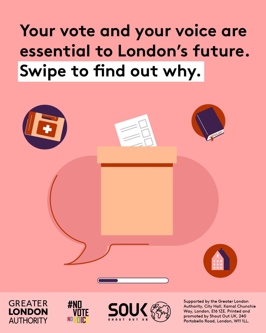 Your vote and your voice are essential to London’s future. Swipe to find out why. A big speech bubble in the centre with a ballot paper being posted into a ballot box. Surrounding bubbles have a first aid kit, a book and a building. 