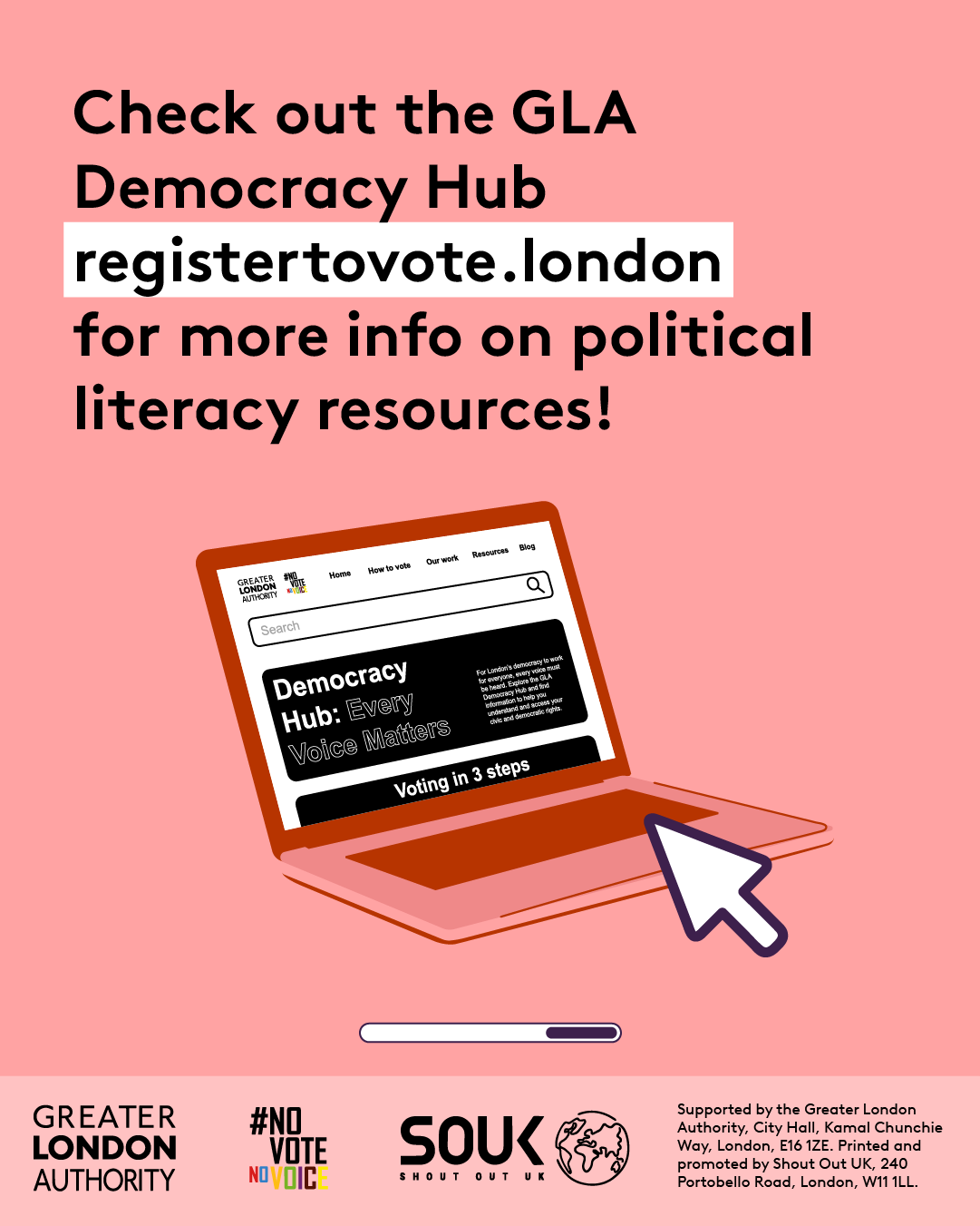 Check out the GLA Democracy Hub for more info on political literacy resources with an open laptop computer with the Democracy Hub homepage on the screen. 