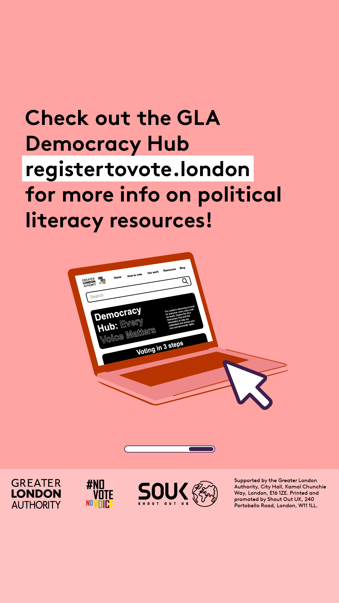 Check out the GLA Democracy Hub for more info on political literacy resources with an open laptop computer with the Democracy Hub homepage on the screen. 