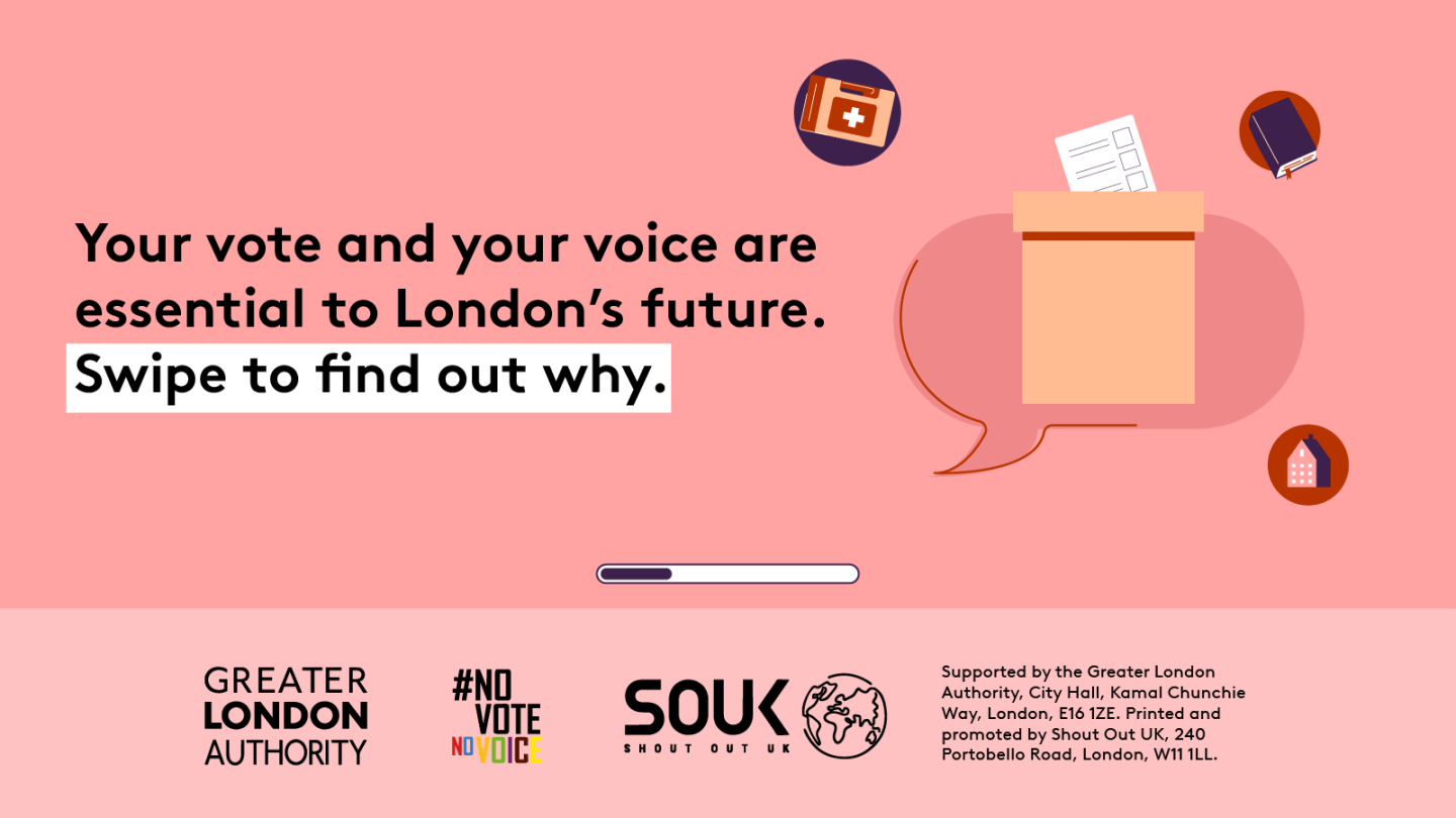 Your vote and your voice are essential to London’s future. Swipe to find out why. A big speech bubble in the centre with a ballot paper being posted into a ballot box. Surrounding bubbles have a first aid kit, a book and a building. 