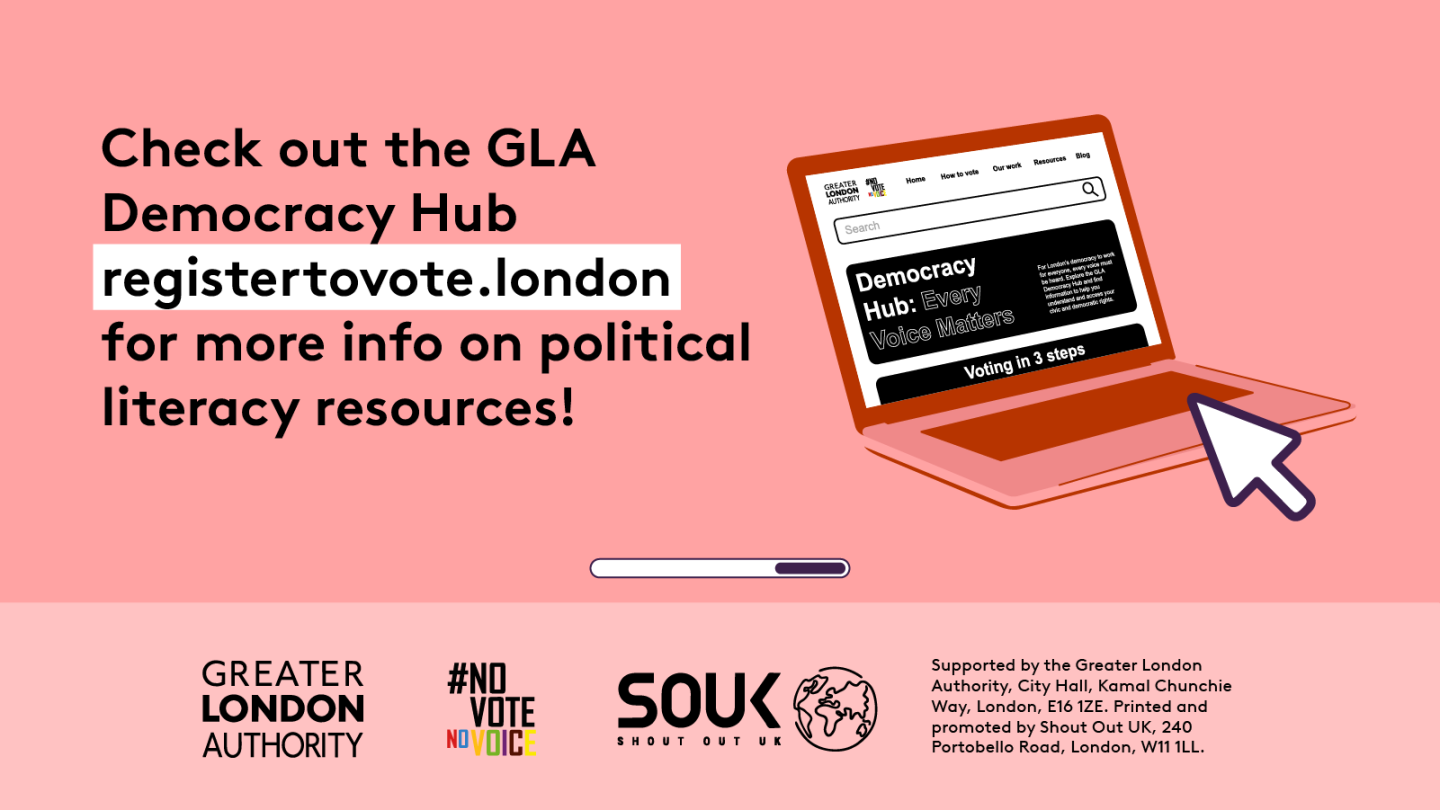 Check out the GLA Democracy Hub for more info on political literacy resources with an open laptop computer with the Democracy Hub homepage on the screen. 