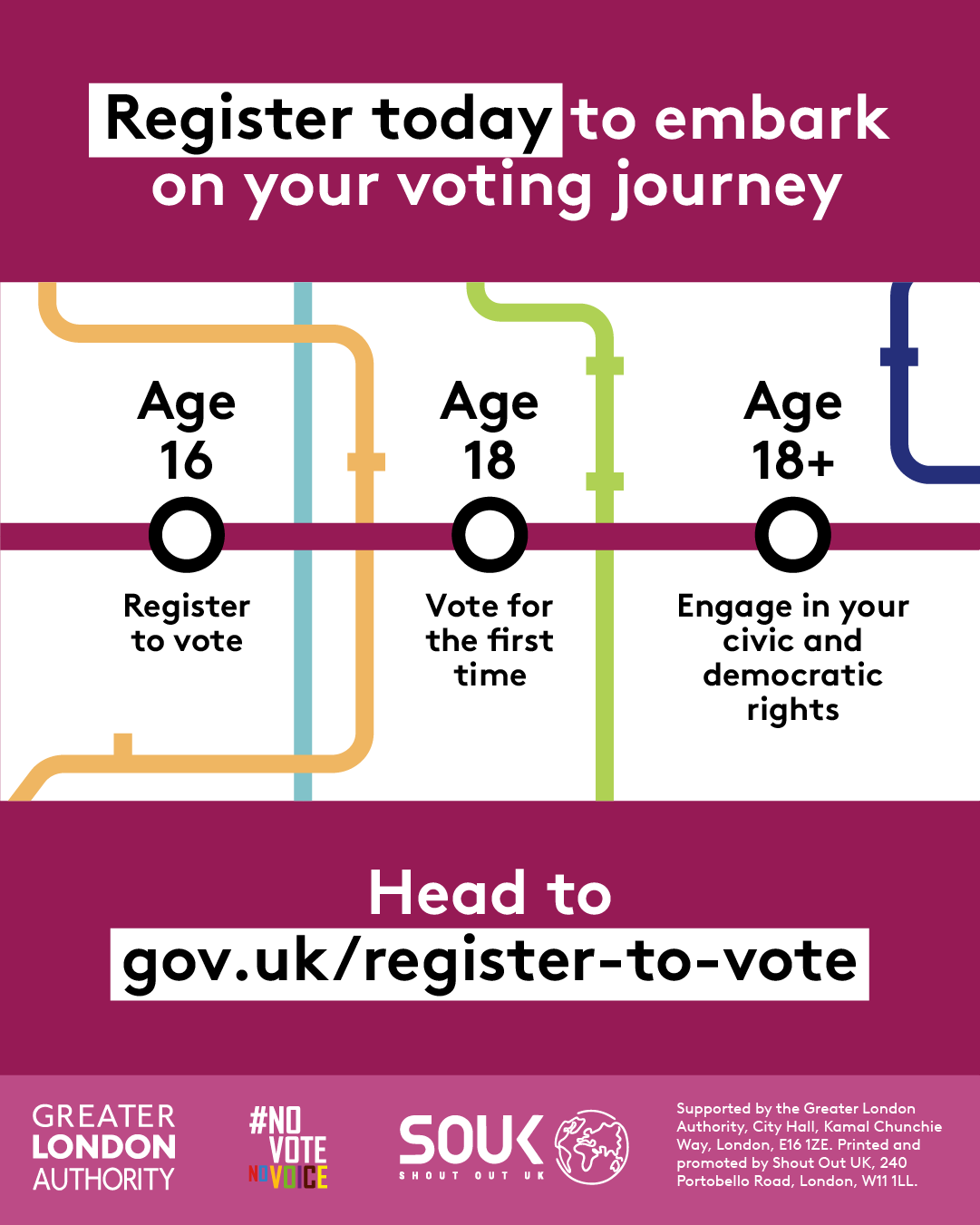 Coloured lines of the London tube map in the background. The prominent line in the foreground has three circles to show stops on the line. The first stop is Age 16 – register to vote”, the second stop is “Age 18 – vote for the first time”, and the third stop is “Age 18+ – engage in your civic and democratic rights”. Head to Register to vote - GOV.UK.  