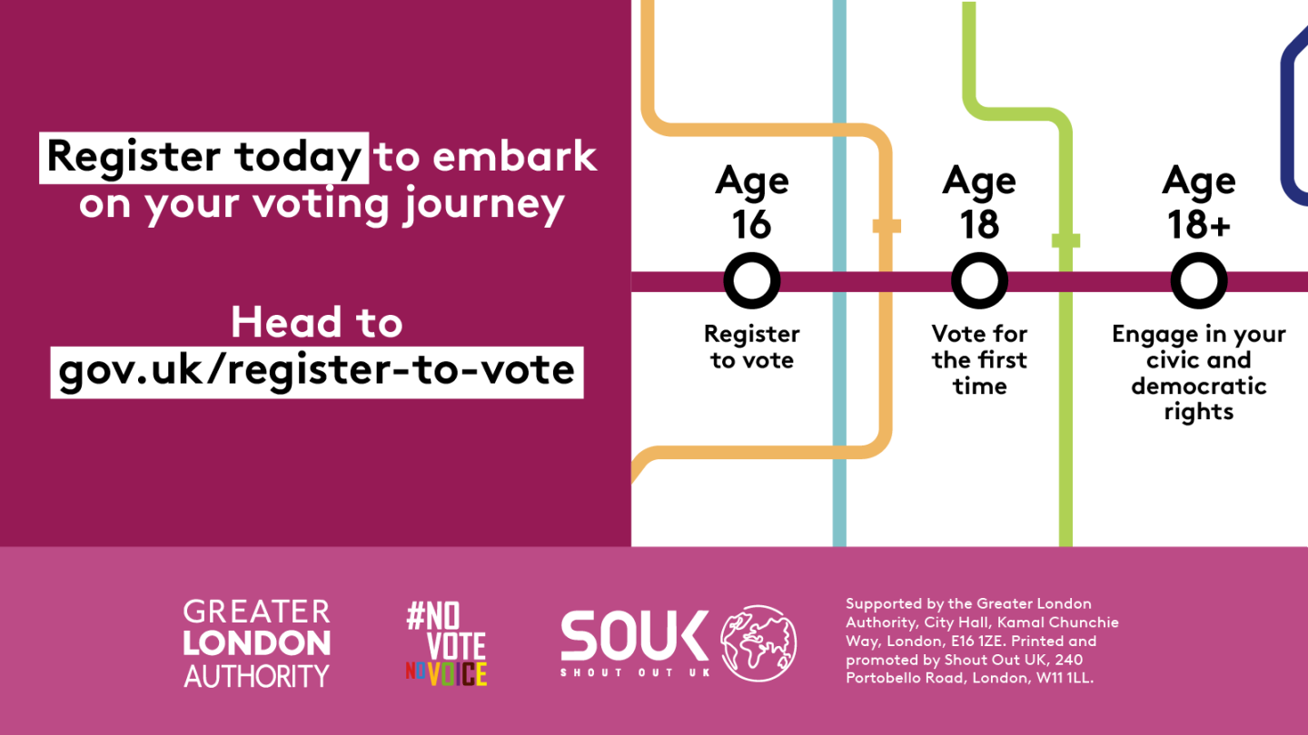 Coloured lines of the London tube map in the background. The prominent line in the foreground has three circles to show stops on the line. The first stop is Age 16 – register to vote”, the second stop is “Age 18 – vote for the first time”, and the third stop is “Age 18+ – engage in your civic and democratic rights”. Head to Register to vote - GOV.UK.  