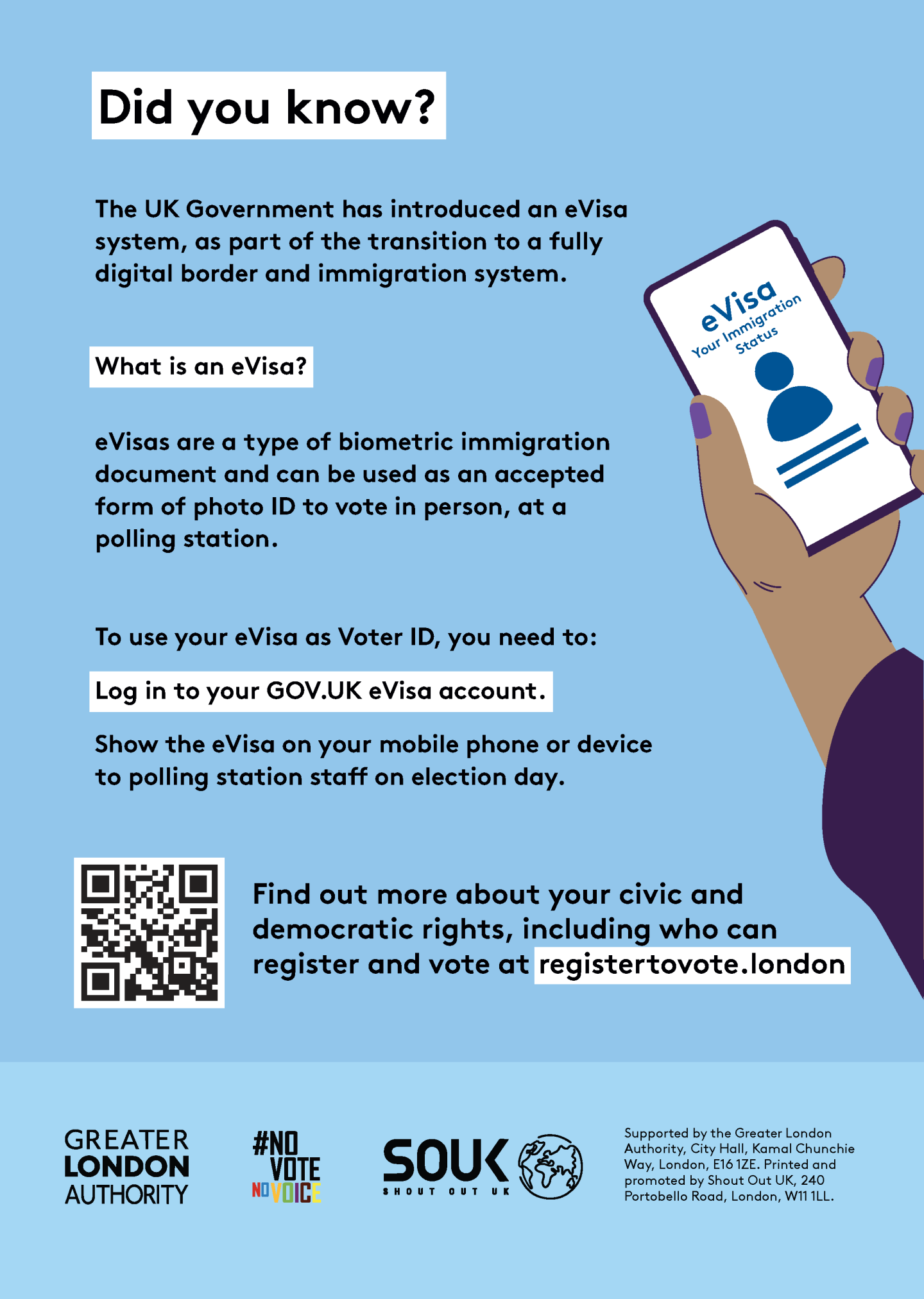 The UK Government introduced an eVisa system. A hand is holding a phone with ‘eVisa your immigration status’ on screen and the outline of person. eVisas are a type of biometric immigration document and can be used as an accepted form of photo ID to vote. An open laptop has ‘online immigration status eVisa. Information on eVisas and why you need one’ on the screen with the outline of a person and text lines. To use your eVisa as Voter ID log in to your GOV.UK eVisa account and show the eVisa.