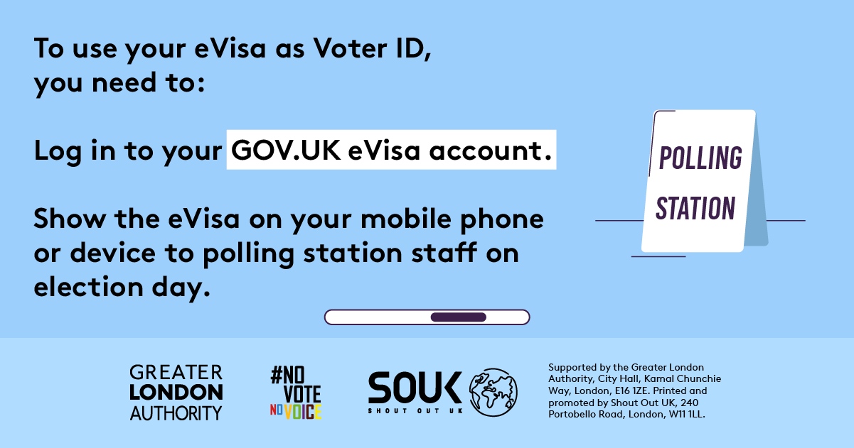 To use your eVisa as Voter ID you need to log in to your gov dot UK eVisa account and show the eVisa on your mobile phone or device to polling station staff on election day. A sign with ‘polling station’ to show people the way. 