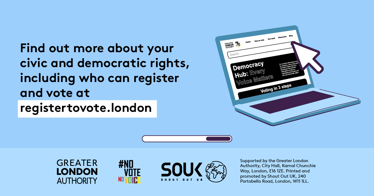 Find out more about your civic and democratic rights, including who can register and vote at GLA Democracy Hub with an open laptop computer with the Democracy Hub homepage on the screen. 