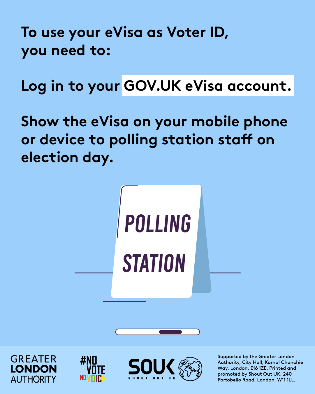 To use your eVisa as Voter ID you need to log in to your gov dot UK eVisa account and show the eVisa on your mobile phone or device to polling station staff on election day. A sign with ‘polling station’ to show people the way. 