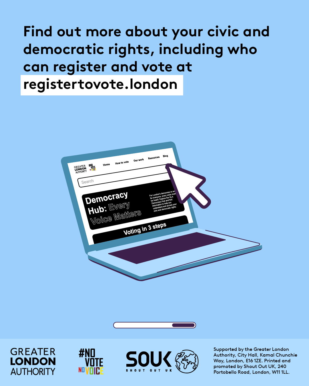 Find out more about your civic and democratic rights, including who can register and vote at GLA Democracy Hub with an open laptop computer with the Democracy Hub homepage on the screen. 
