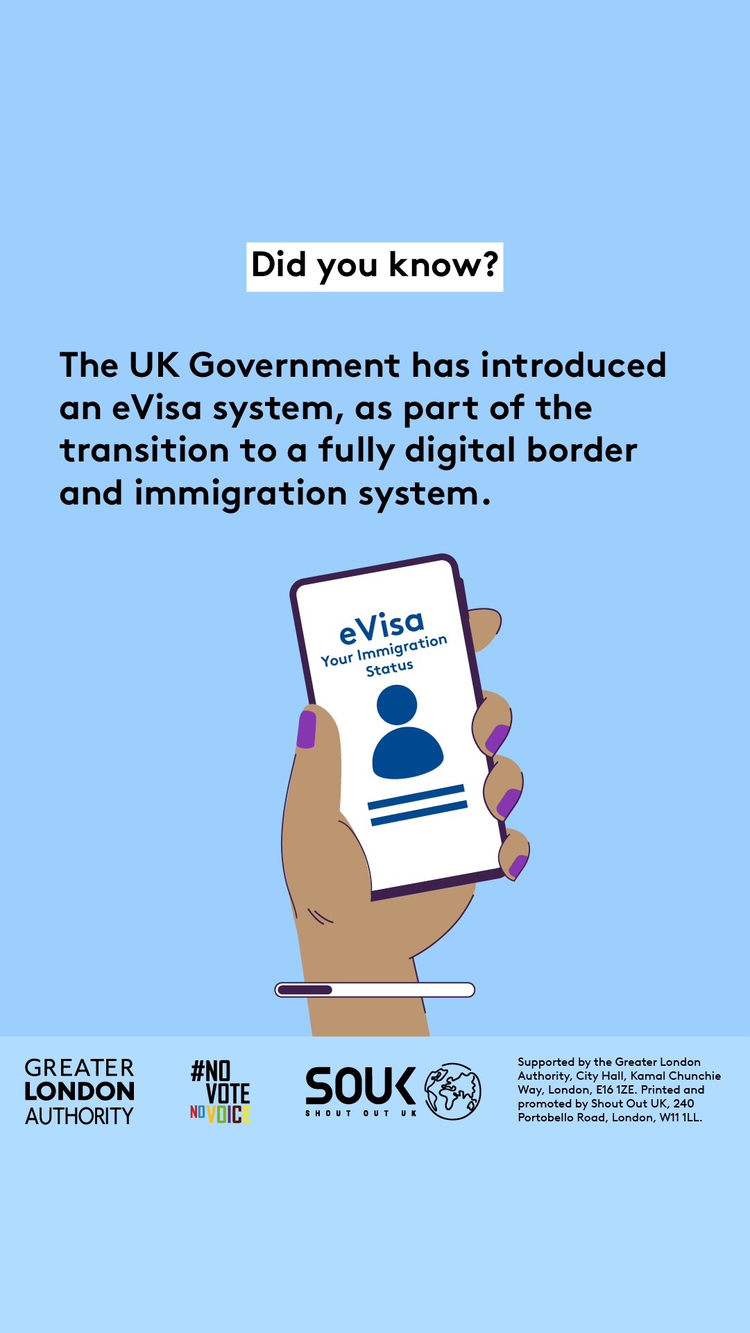 Did you know? The UK Government has introduced an eVisa system, as a part of the transition to a fully digital border and immigration system. A hand is holding a mobile phone with ‘eVisa your immigration status’ on the screen and the outline of person. 