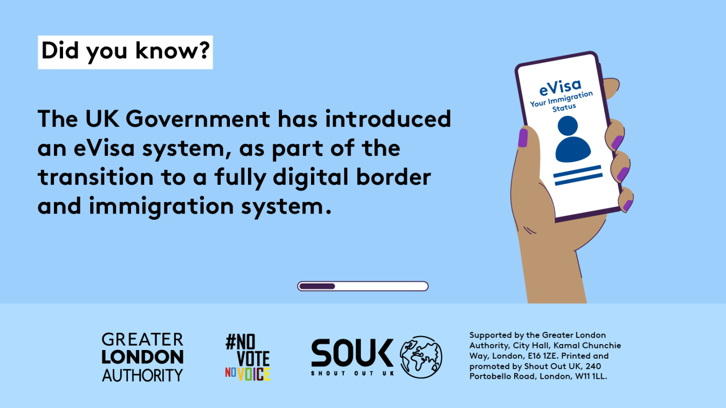 Did you know? The UK Government has introduced an eVisa system, as a part of the transition to a fully digital border and immigration system. A hand is holding a mobile phone with ‘eVisa your immigration status’ on the screen and the outline of person. 