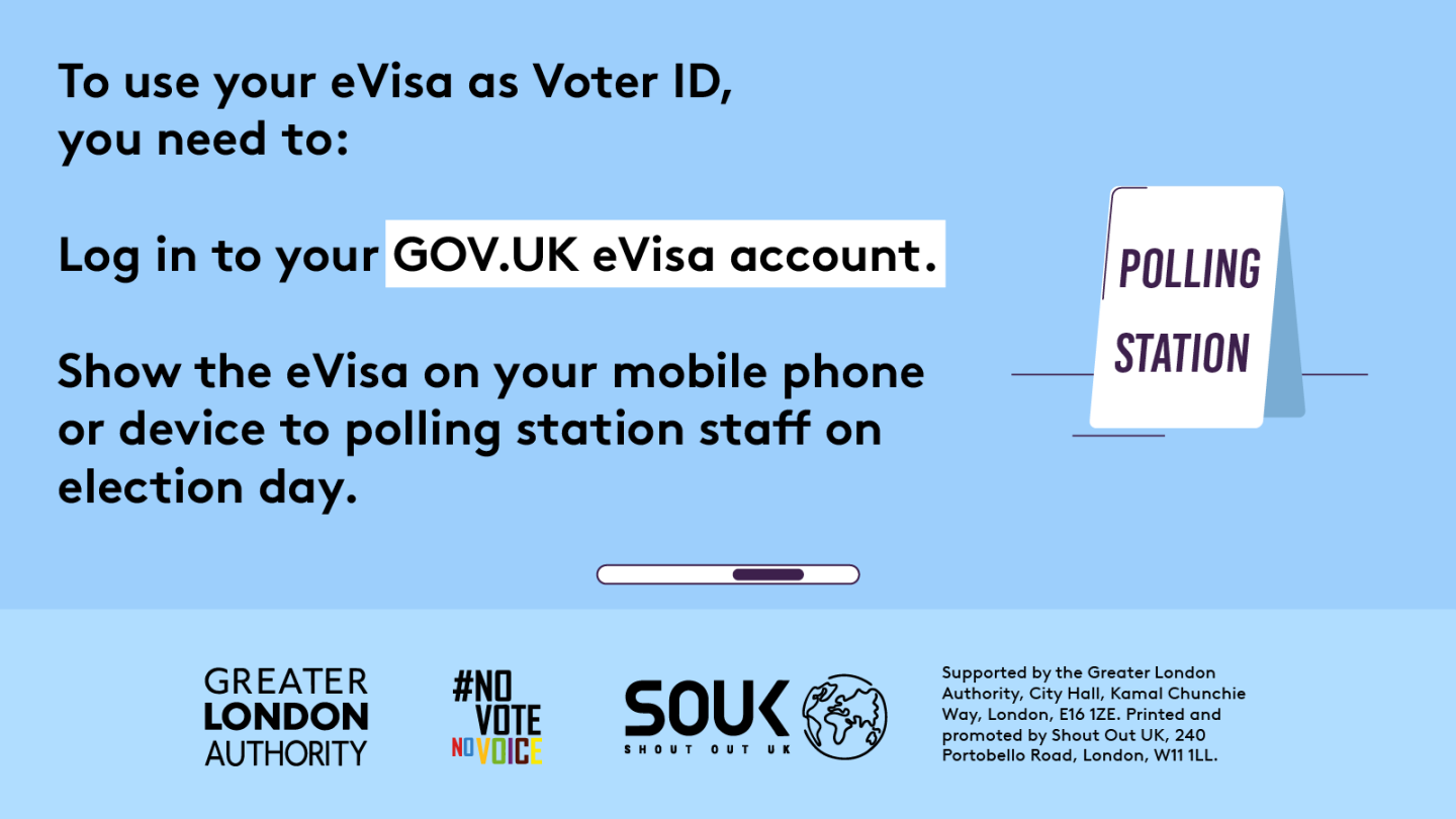 To use your eVisa as Voter ID you need to log in to your gov dot UK eVisa account and show the eVisa on your mobile phone or device to polling station staff on election day. A sign with ‘polling station’ to show people the way. 