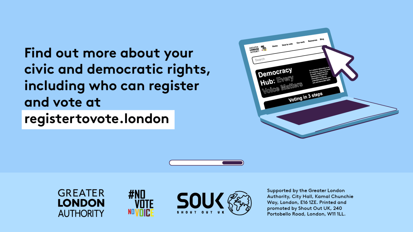 Find out more about your civic and democratic rights, including who can register and vote at GLA Democracy Hub with an open laptop computer with the Democracy Hub homepage on the screen. 