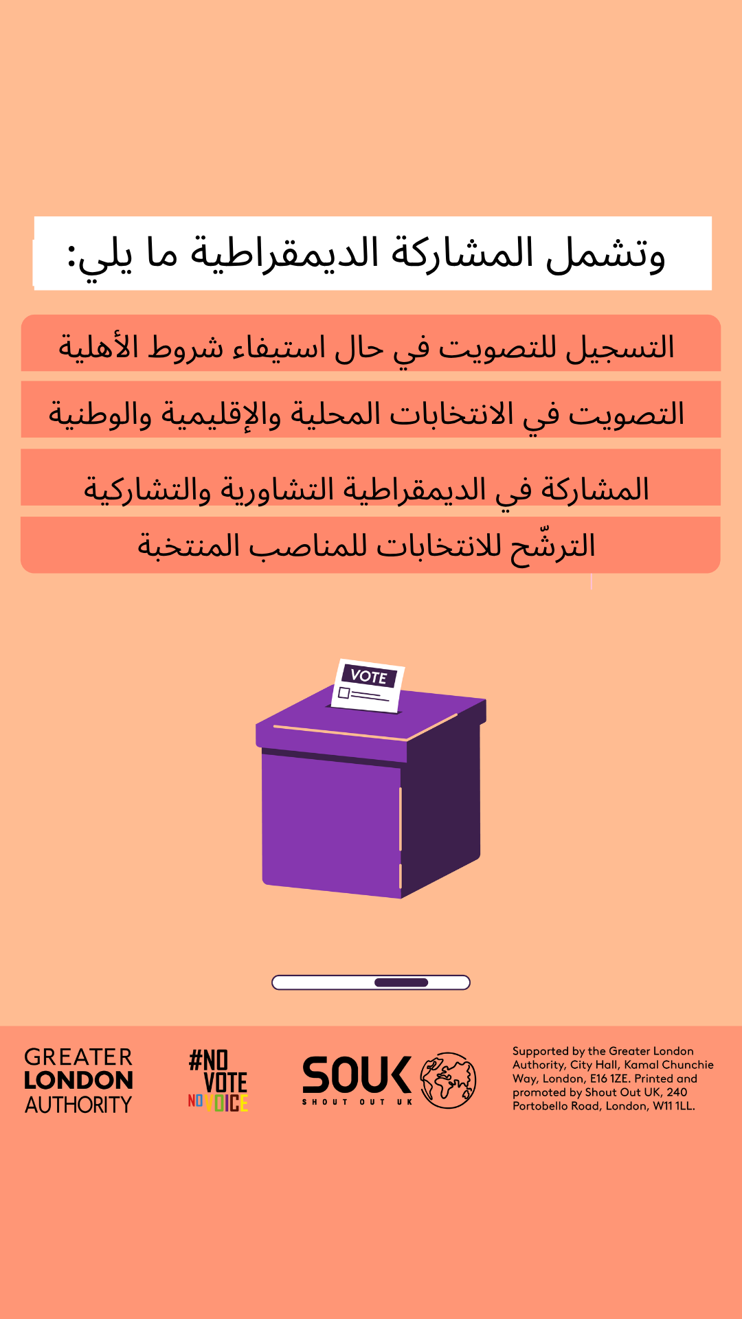 Democratic participation includes registering to vote, if eligible, voting in local, regional and national elections, taking part in deliberative and participatory democracy, standing for elected office. A ballot box with a ballot paper showing through the posting slot with ‘vote’ written on it. 