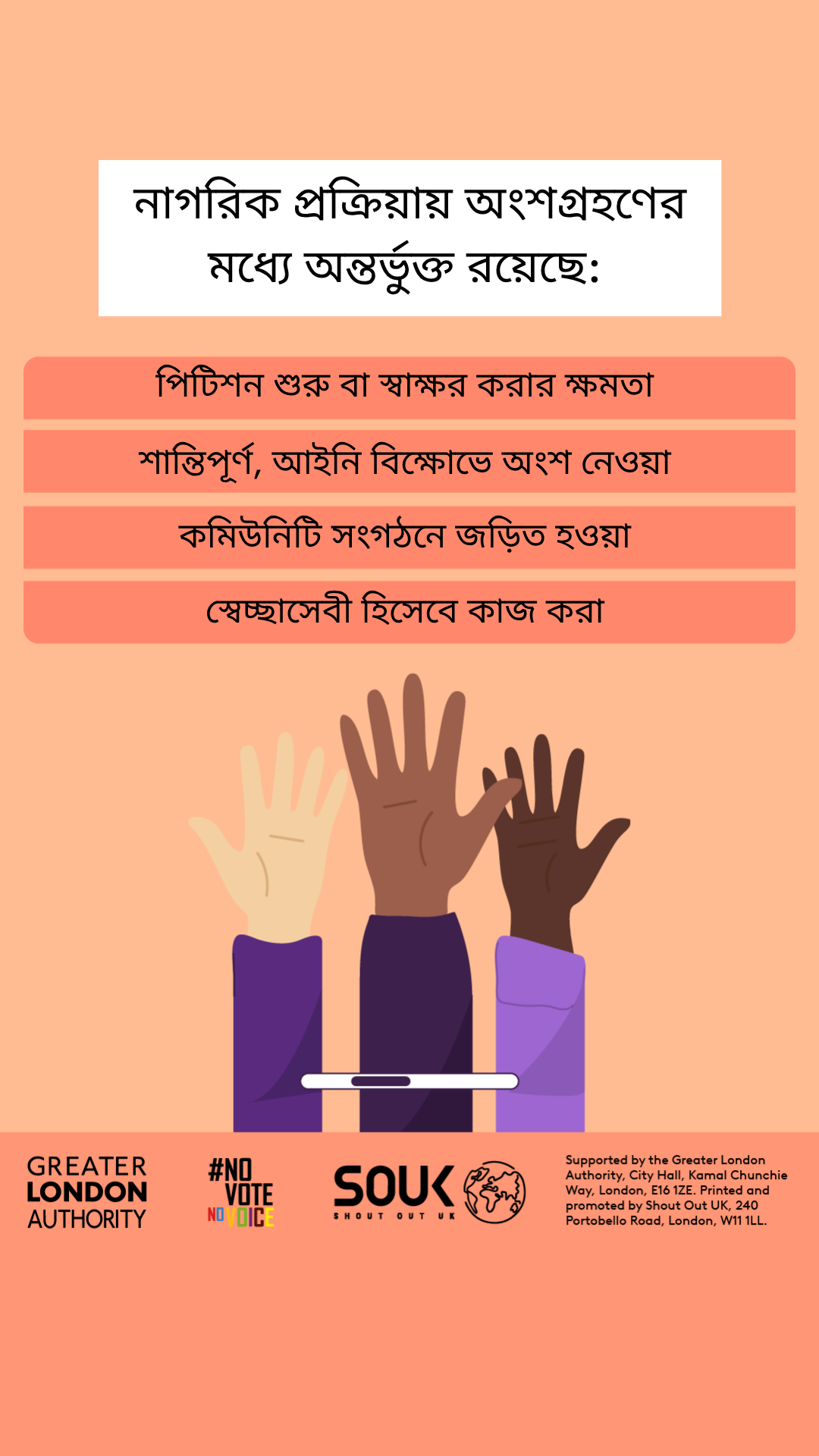 Civic participation includes the ability to start or sign petitions, taking part in peaceful, legal protest, being involved in community organising, volunteering. Three raised hands with open palms in different skin tones. 