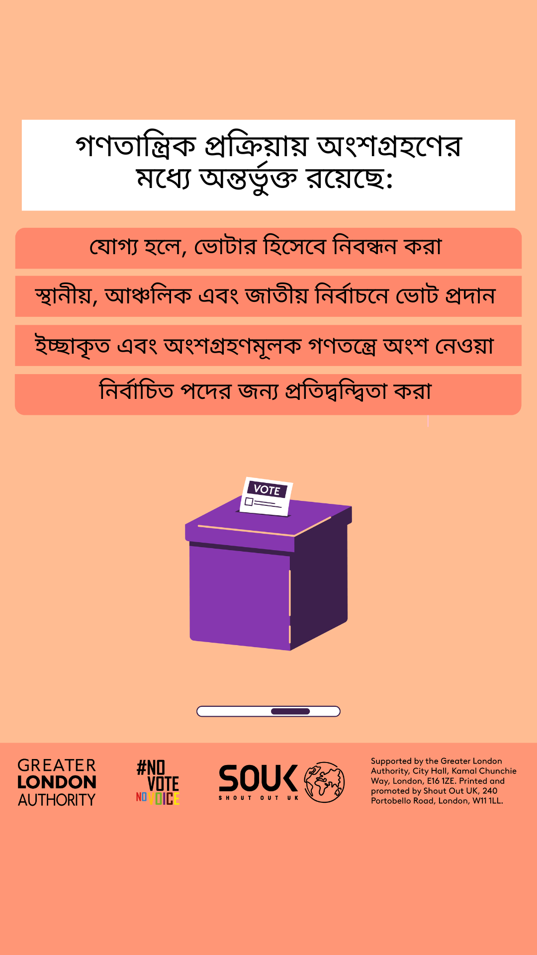 Democratic participation includes registering to vote, if eligible, voting in local, regional and national elections, taking part in deliberative and participatory democracy, standing for elected office. A ballot box with a ballot paper showing through the posting slot with ‘vote’ written on it. 