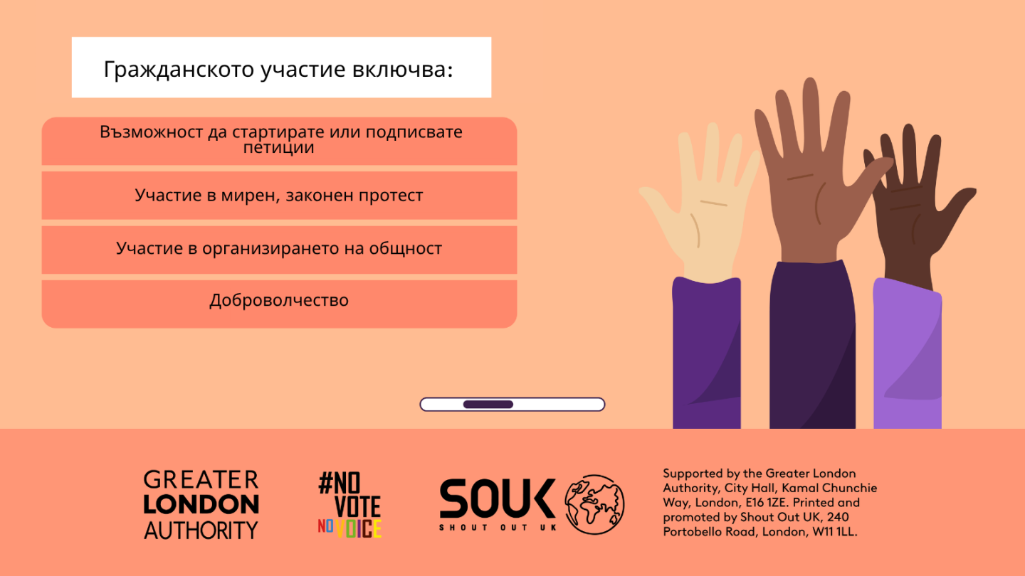Civic participation includes the ability to start or sign petitions, taking part in peaceful, legal protest, being involved in community organising, volunteering. Three raised hands with open palms in different skin tones. 