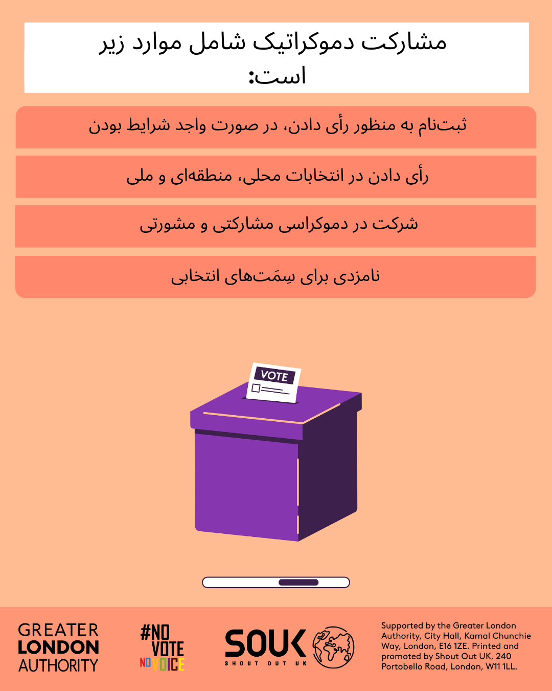 Democratic participation includes registering to vote, if eligible, voting in local, regional and national elections, taking part in deliberative and participatory democracy, standing for elected office. A ballot box with a ballot paper showing through the posting slot with ‘vote’ written on it. 