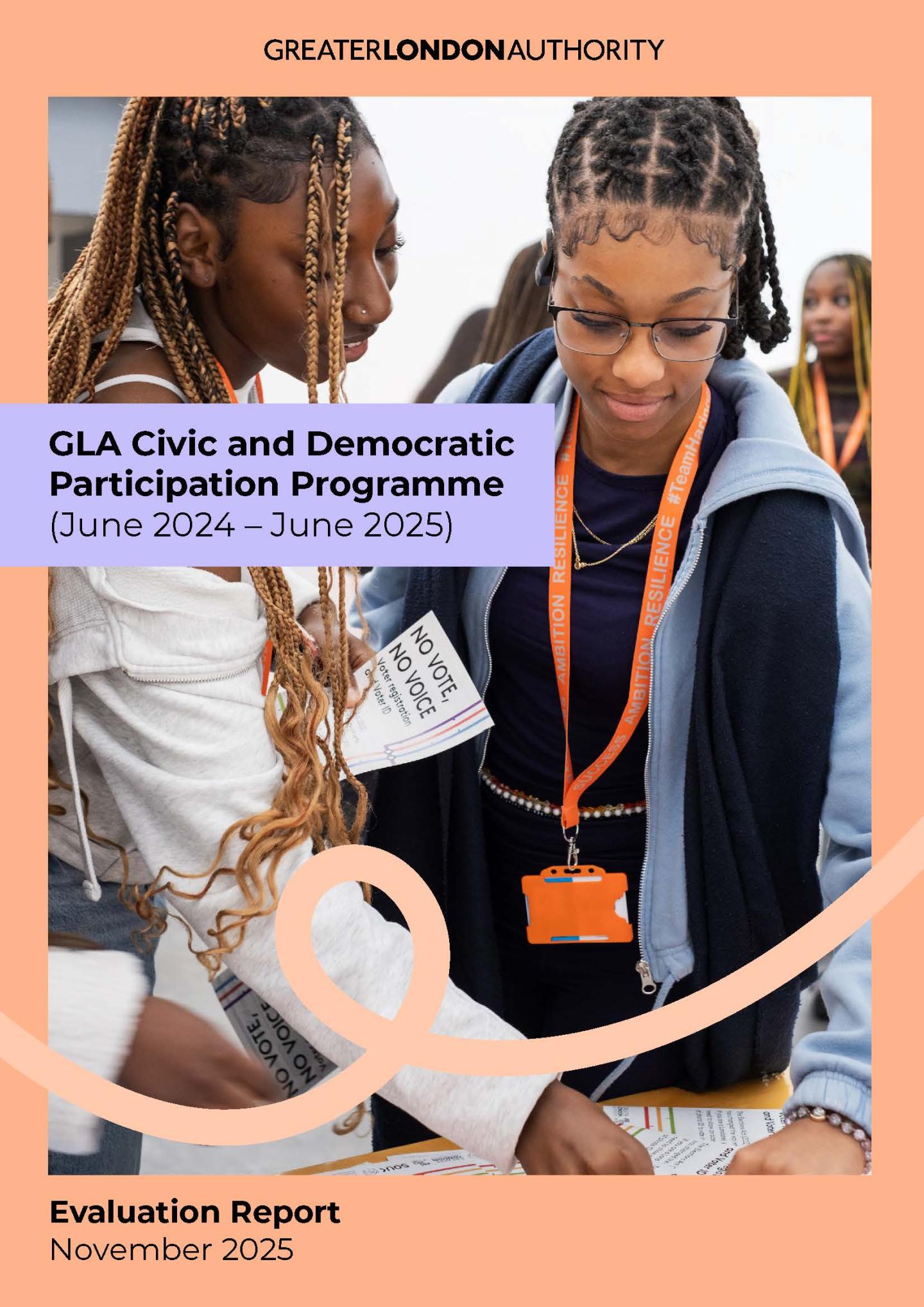 Preview image of evaluation report cover page with students looking at an key voting information leaflet