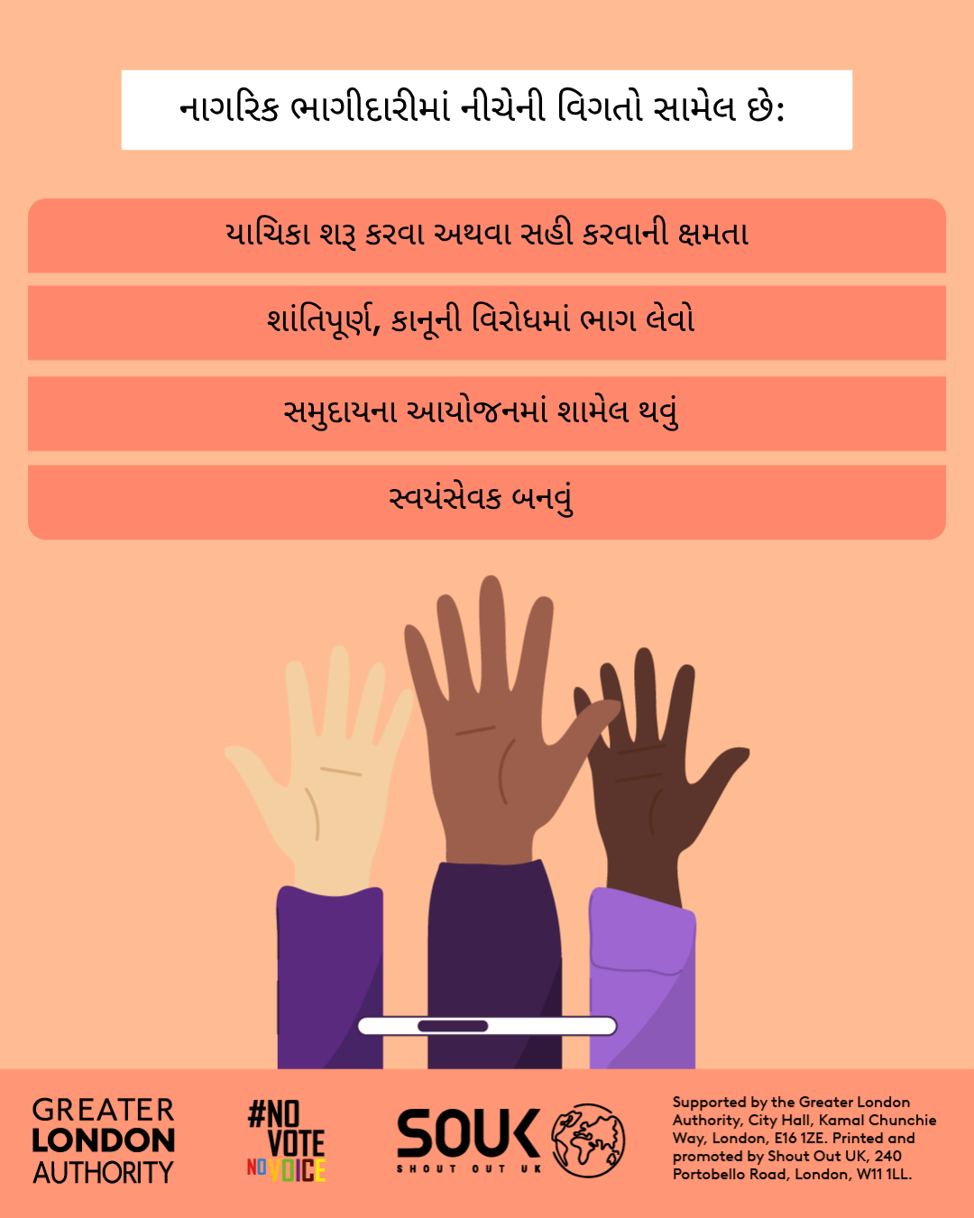 Civic participation includes the ability to start or sign petitions, taking part in peaceful, legal protest, being involved in community organising, volunteering. Three raised hands with open palms in different skin tones. 