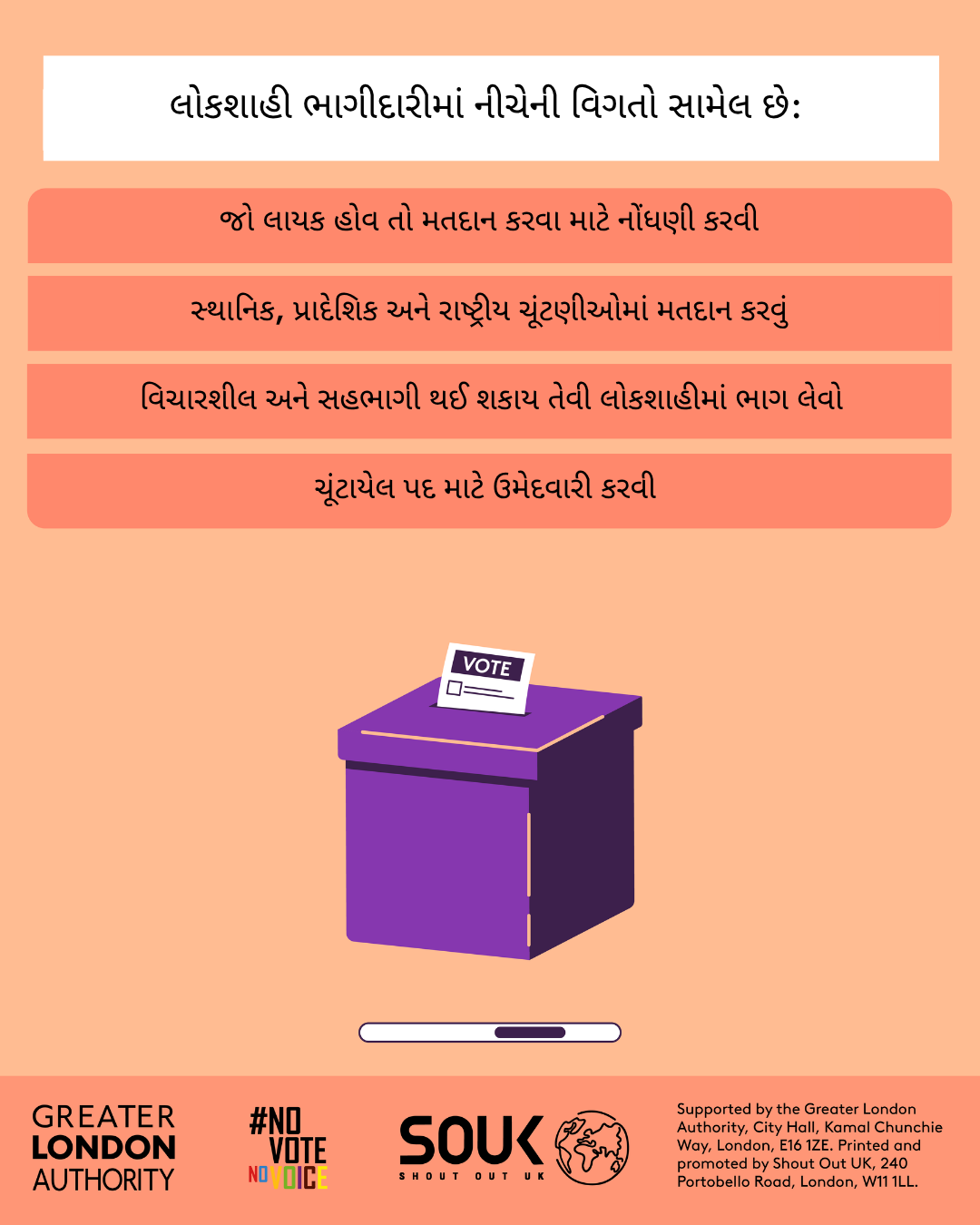 Democratic participation includes registering to vote, if eligible, voting in local, regional and national elections, taking part in deliberative and participatory democracy, standing for elected office. A ballot box with a ballot paper showing through the posting slot with ‘vote’ written on it. 