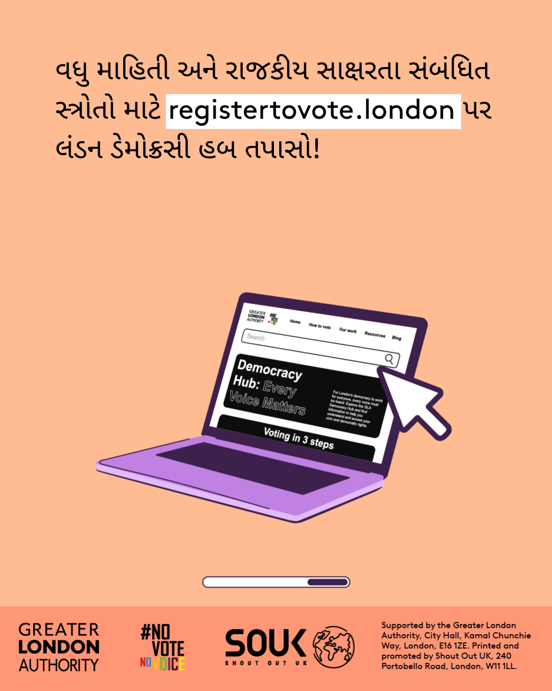 Check out the London Democracy Hub at GLA Democracy Hub for more info and political literacy resources with an open laptop computer with the Democracy Hub homepage on the screen. 