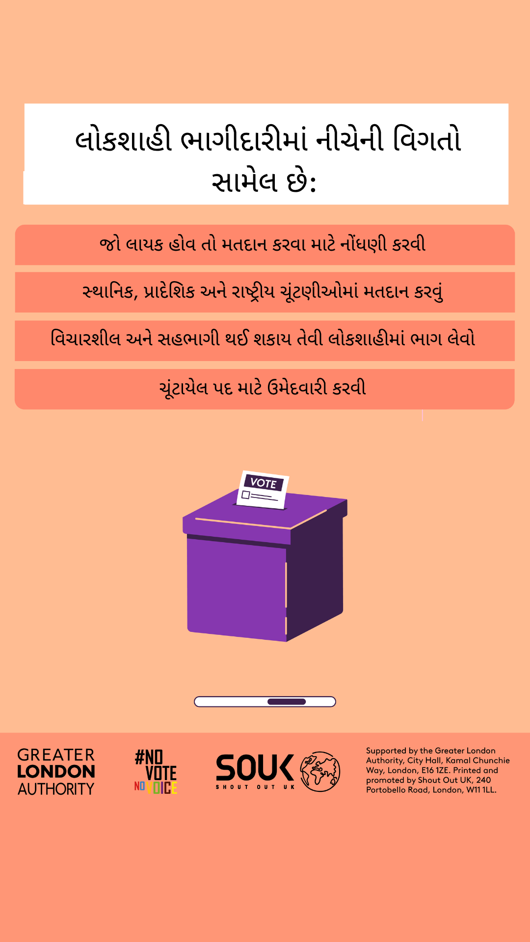 Democratic participation includes registering to vote, if eligible, voting in local, regional and national elections, taking part in deliberative and participatory democracy, standing for elected office. A ballot box with a ballot paper showing through the posting slot with ‘vote’ written on it. 