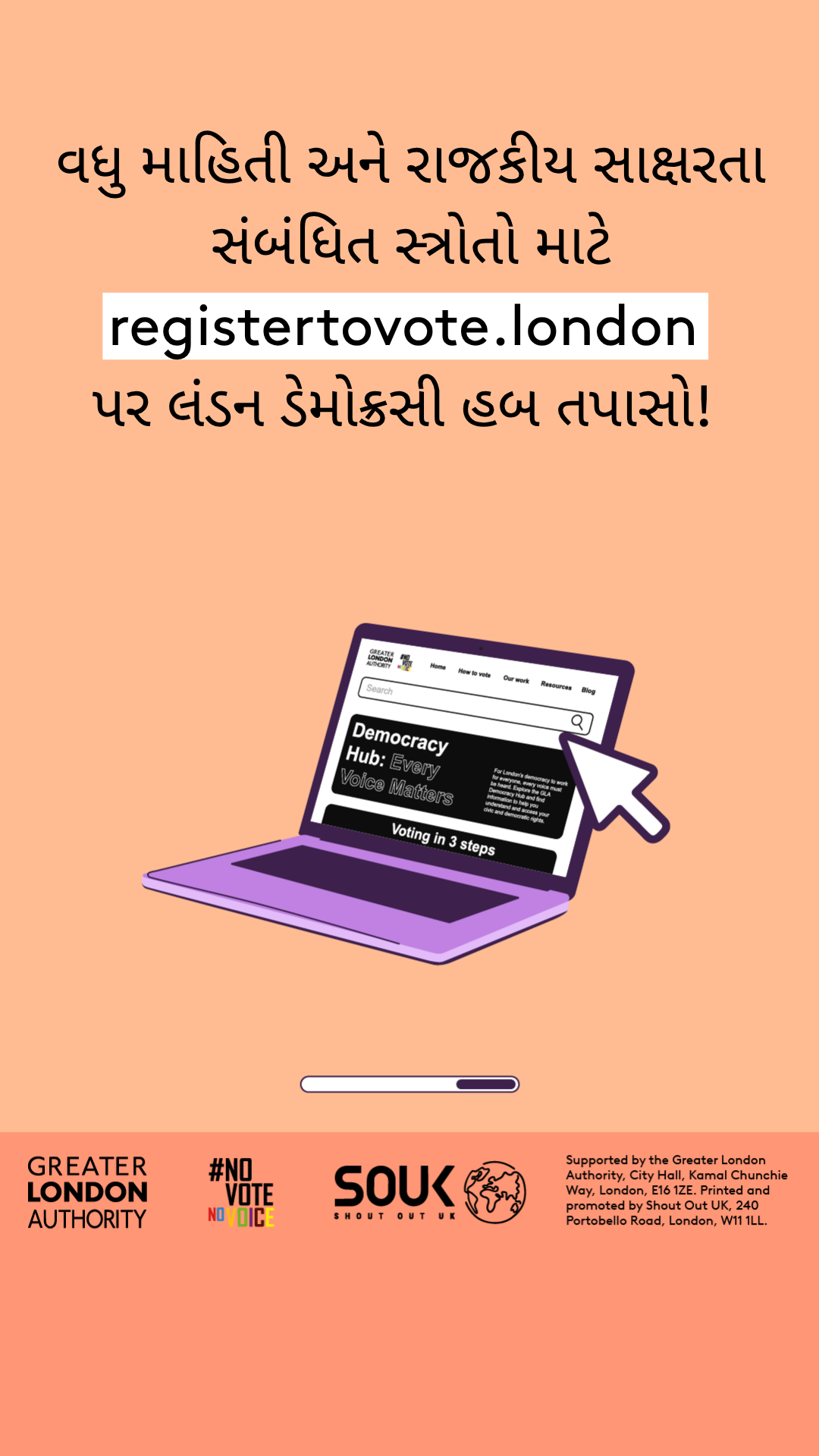 Check out the London Democracy Hub at GLA Democracy Hub for more info and political literacy resources with an open laptop computer with the Democracy Hub homepage on the screen. 