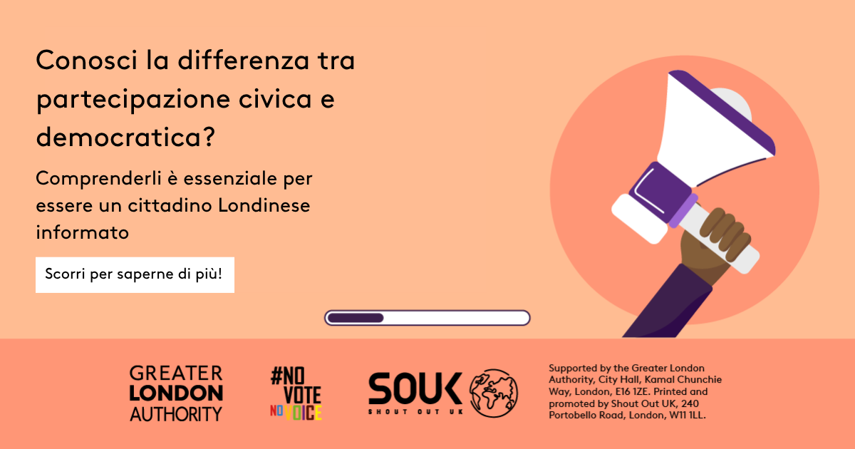 Do you know the difference between civic and democratic participation? A hand holding a megaphone. Understanding both is key to being an informed Londoner. Swipe to learn more! 