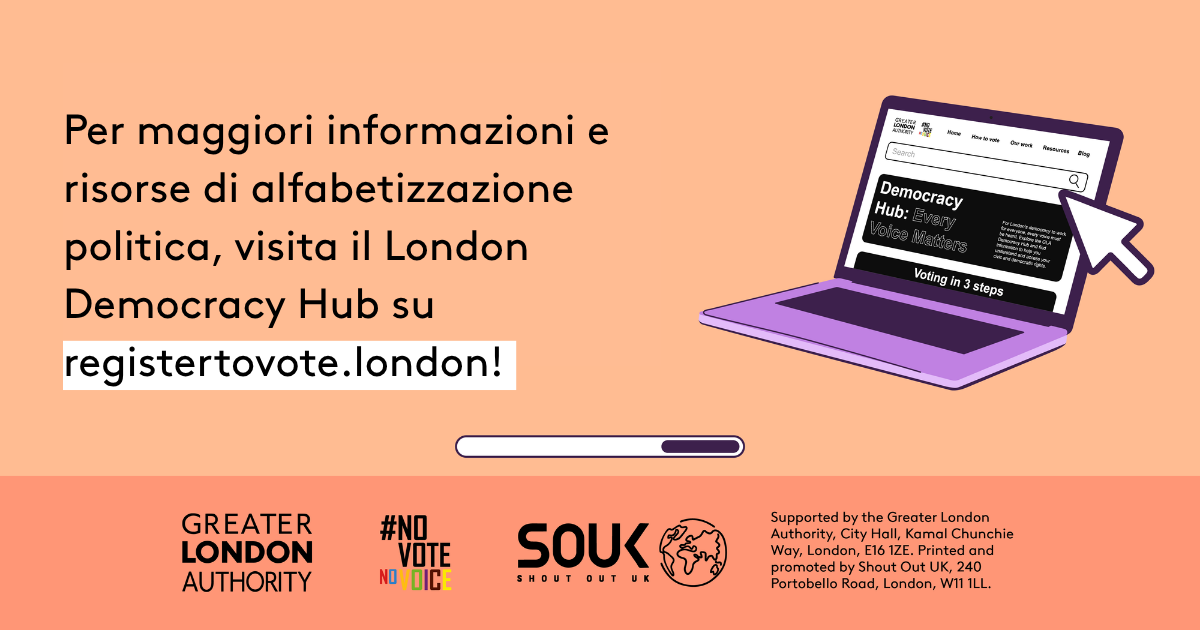 Check out the London Democracy Hub at GLA Democracy Hub for more info and political literacy resources with an open laptop computer with the Democracy Hub homepage on the screen. 