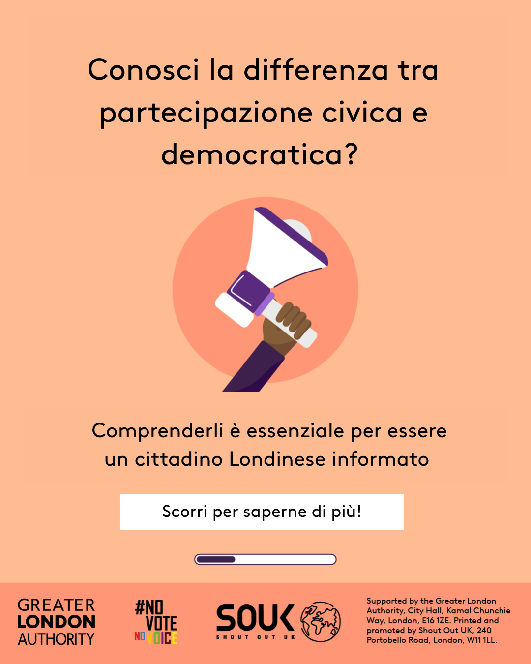 Do you know the difference between civic and democratic participation? A hand holding a megaphone. Understanding both is key to being an informed Londoner. Swipe to learn more! 