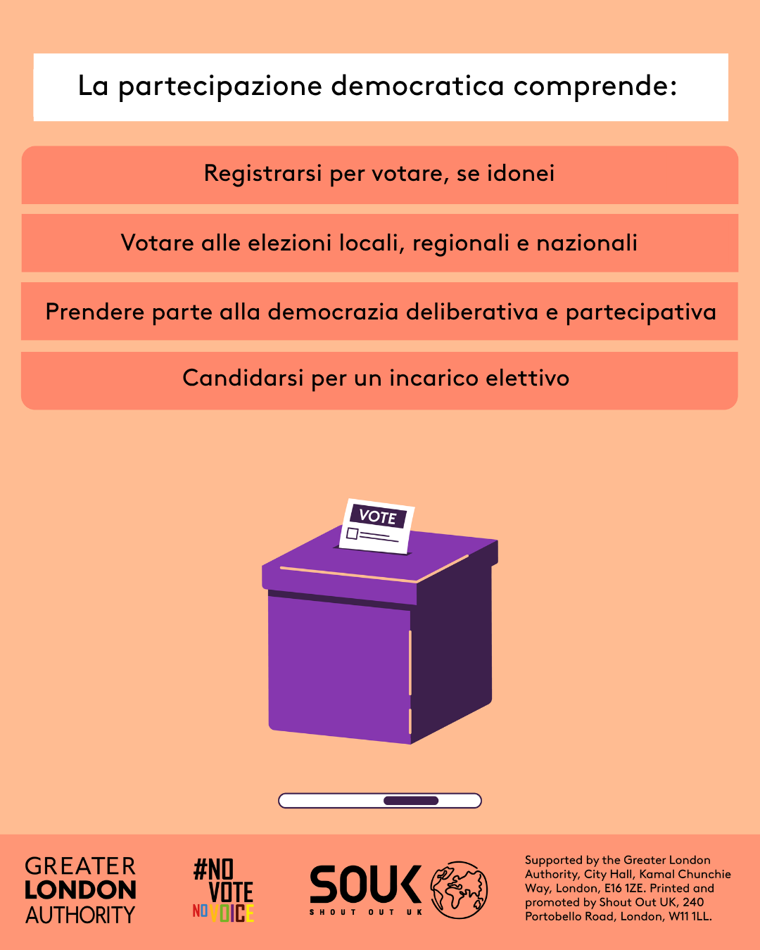 Democratic participation includes registering to vote, if eligible, voting in local, regional and national elections, taking part in deliberative and participatory democracy, standing for elected office. A ballot box with a ballot paper showing through the posting slot with ‘vote’ written on it. 