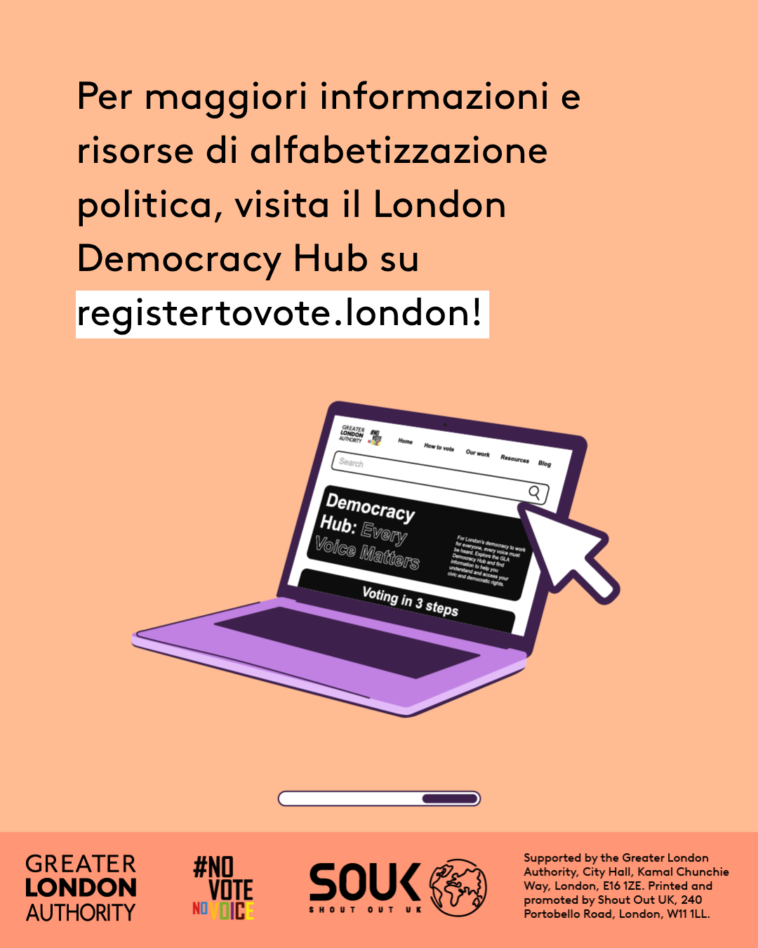 Check out the London Democracy Hub at GLA Democracy Hub for more info and political literacy resources with an open laptop computer with the Democracy Hub homepage on the screen. 