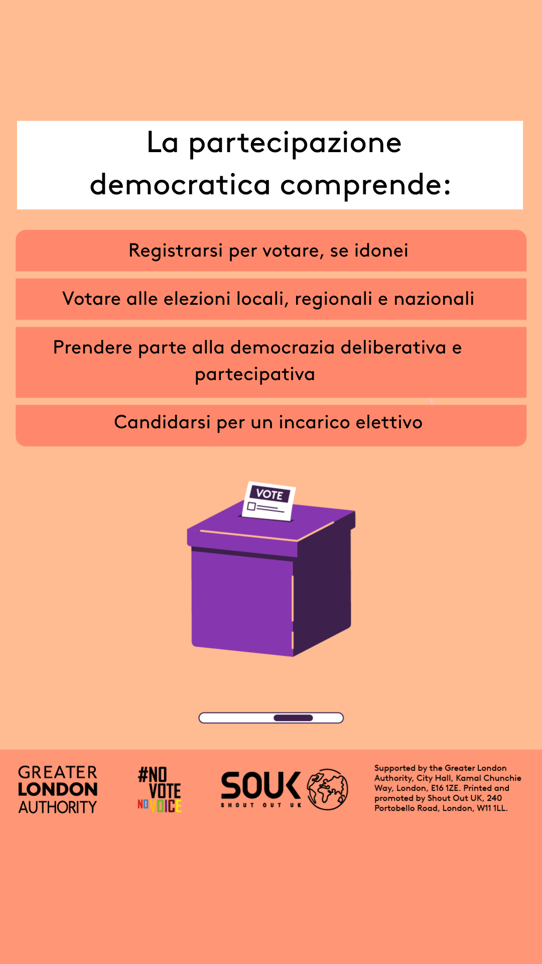 Democratic participation includes registering to vote, if eligible, voting in local, regional and national elections, taking part in deliberative and participatory democracy, standing for elected office. A ballot box with a ballot paper showing through the posting slot with ‘vote’ written on it. 