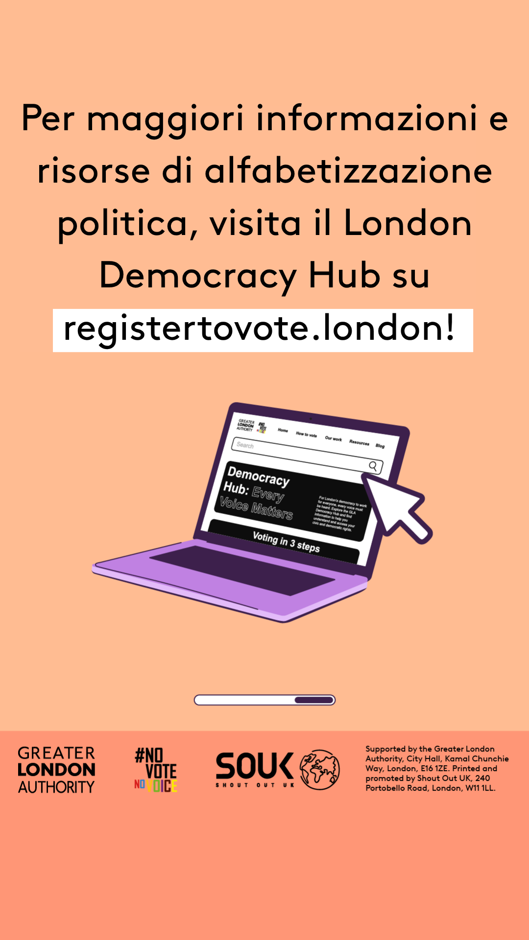 Check out the London Democracy Hub at GLA Democracy Hub for more info and political literacy resources with an open laptop computer with the Democracy Hub homepage on the screen. 