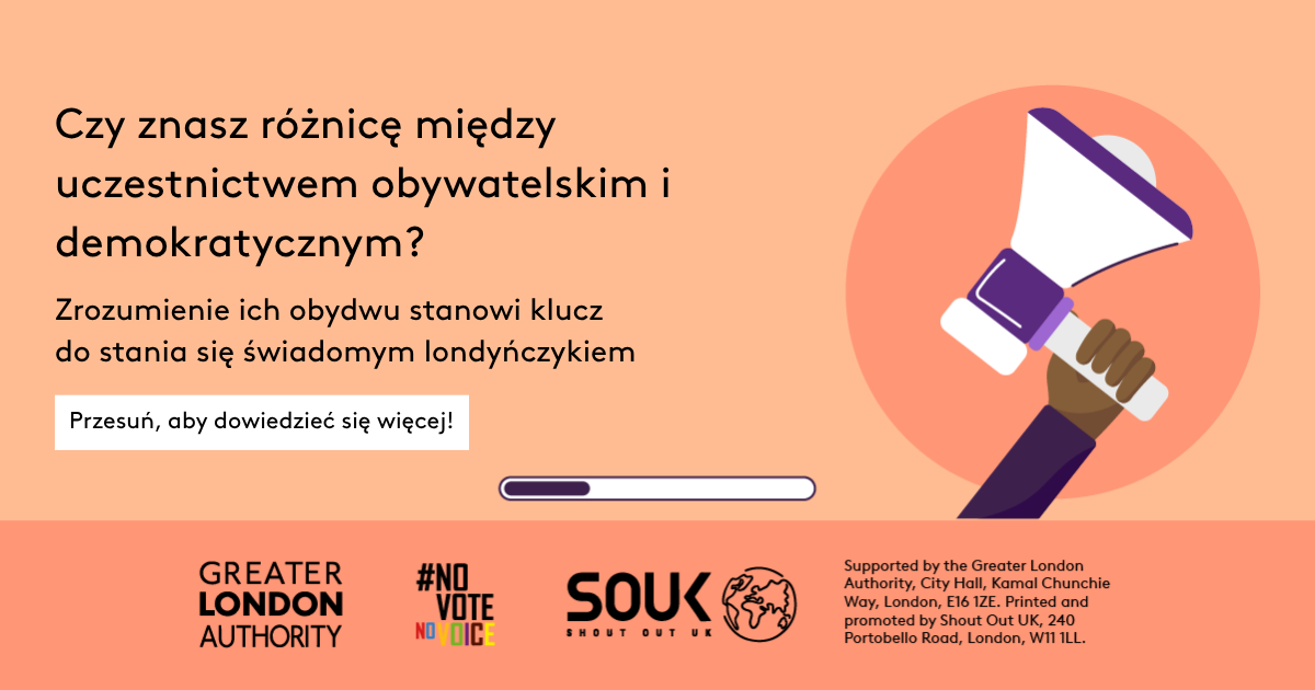 Do you know the difference between civic and democratic participation? A hand holding a megaphone. Understanding both is key to being an informed Londoner. Swipe to learn more! 