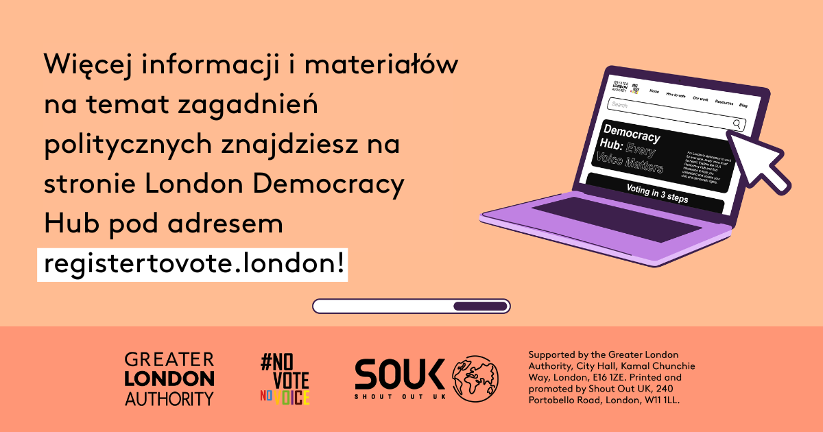 Check out the London Democracy Hub at GLA Democracy Hub for more info and political literacy resources with an open laptop computer with the Democracy Hub homepage on the screen. 