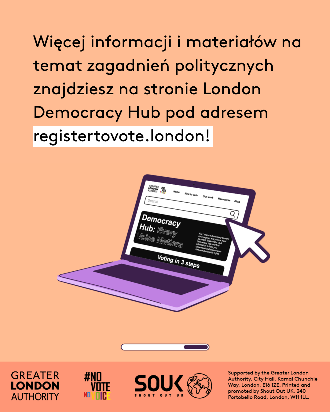 Check out the London Democracy Hub at GLA Democracy Hub for more info and political literacy resources with an open laptop computer with the Democracy Hub homepage on the screen. 