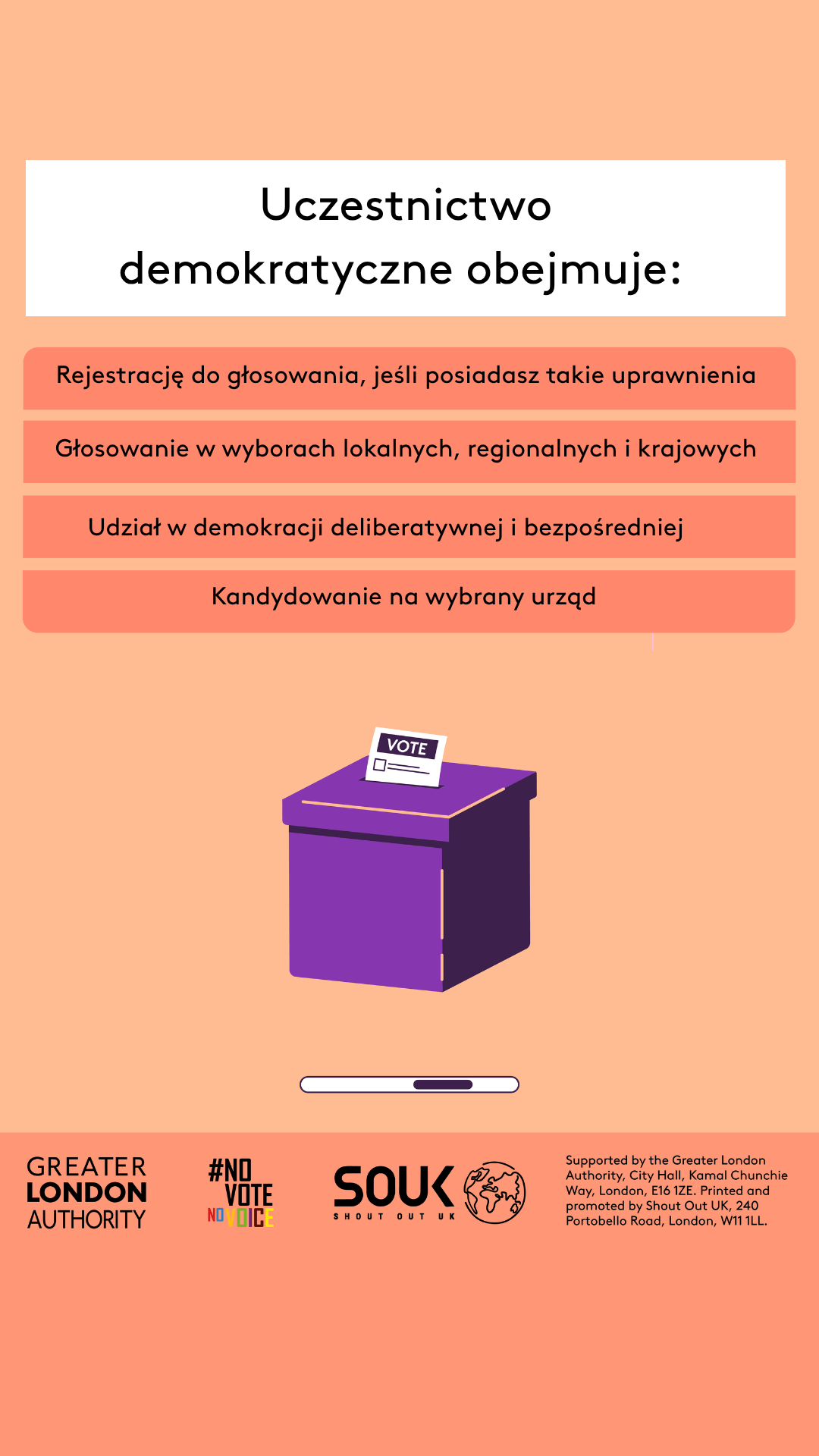 Democratic participation includes registering to vote, if eligible, voting in local, regional and national elections, taking part in deliberative and participatory democracy, standing for elected office. A ballot box with a ballot paper showing through the posting slot with ‘vote’ written on it. 