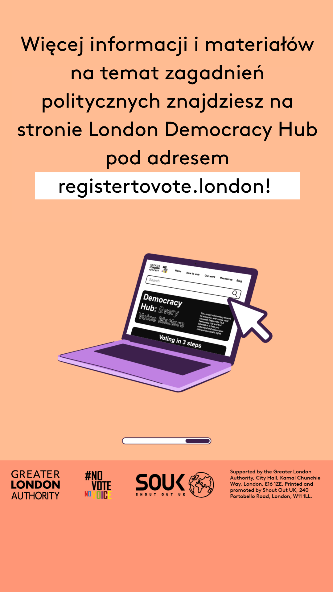 Check out the London Democracy Hub at GLA Democracy Hub for more info and political literacy resources with an open laptop computer with the Democracy Hub homepage on the screen. 