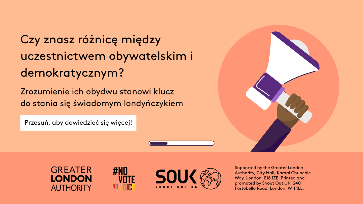 Do you know the difference between civic and democratic participation? A hand holding a megaphone. Understanding both is key to being an informed Londoner. Swipe to learn more! 