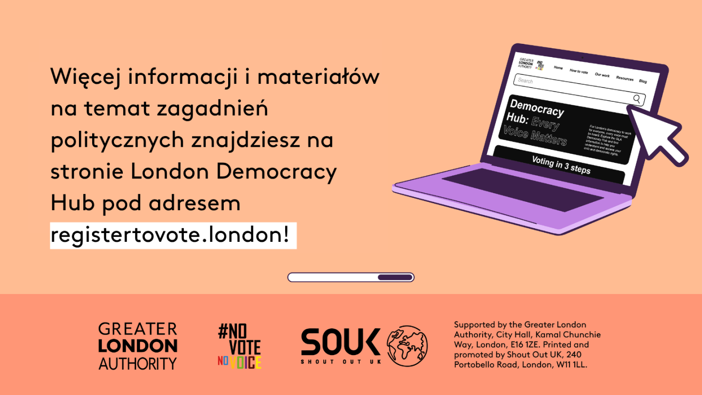 Check out the London Democracy Hub at GLA Democracy Hub for more info and political literacy resources with an open laptop computer with the Democracy Hub homepage on the screen. 