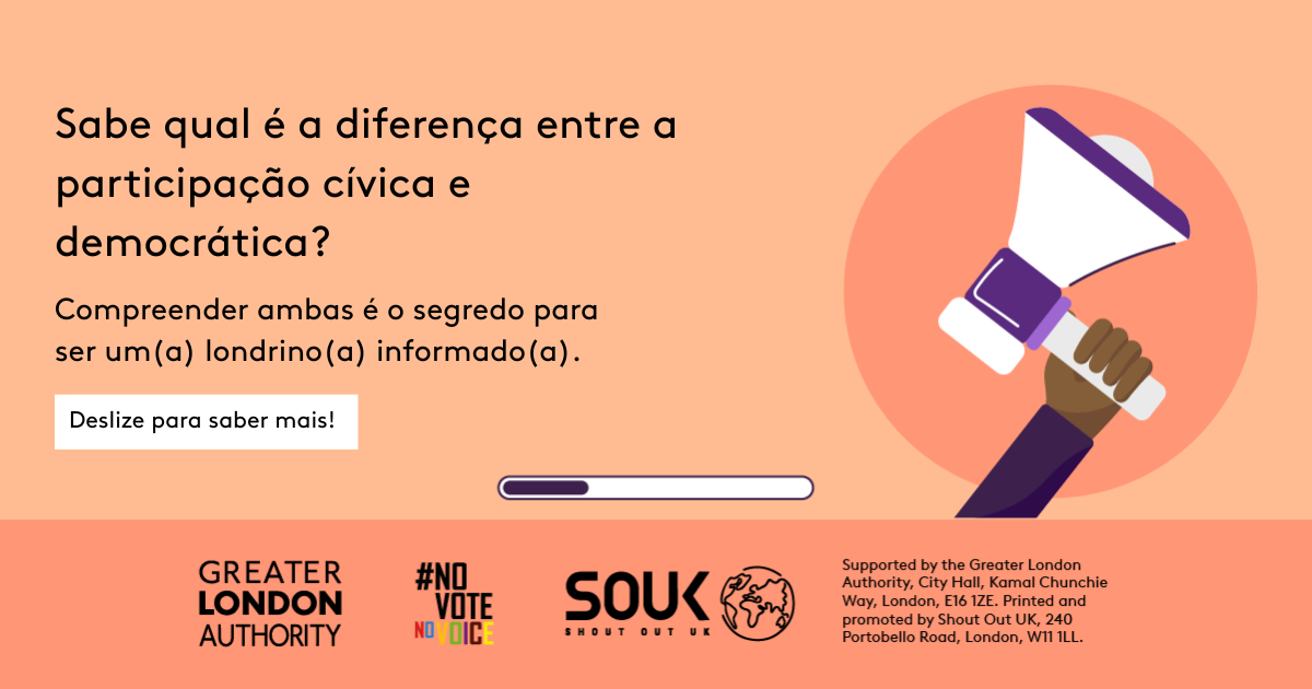 Do you know the difference between civic and democratic participation? A hand holding a megaphone. Understanding both is key to being an informed Londoner. Swipe to learn more! 
