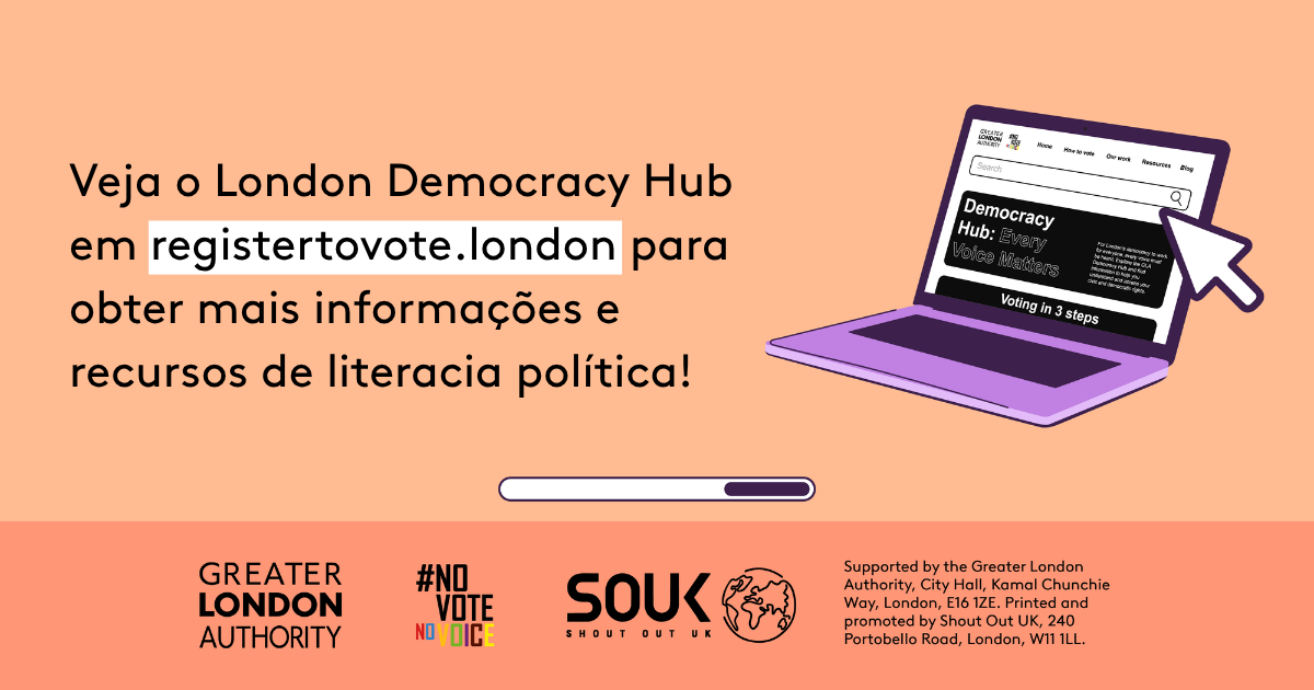 Check out the London Democracy Hub at GLA Democracy Hub for more info and political literacy resources with an open laptop computer with the Democracy Hub homepage on the screen. 