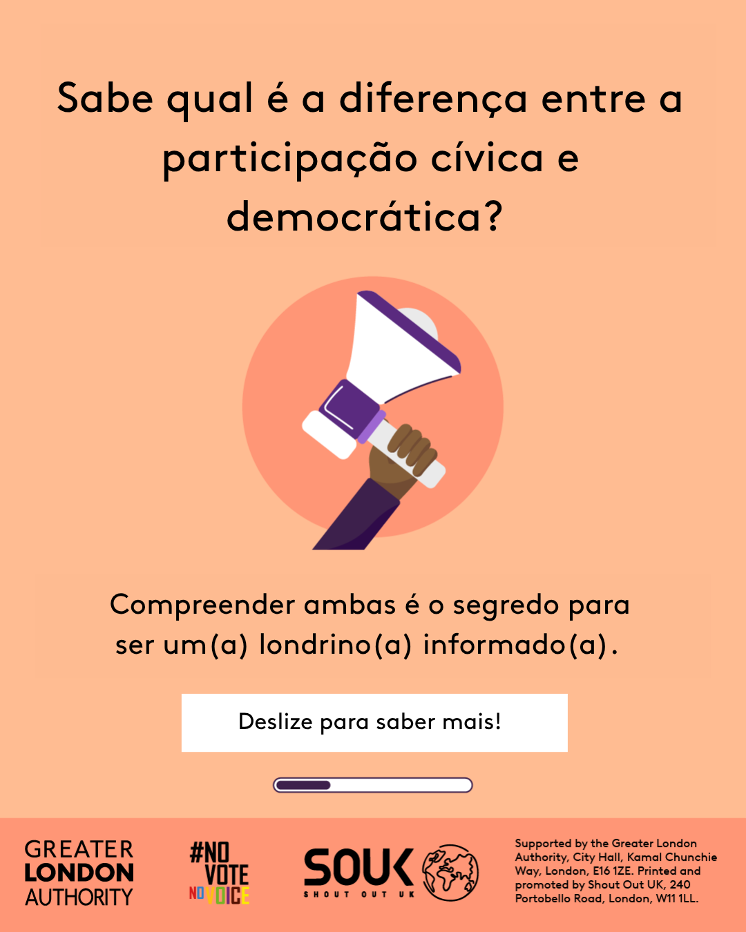 Do you know the difference between civic and democratic participation? A hand holding a megaphone. Understanding both is key to being an informed Londoner. Swipe to learn more! 