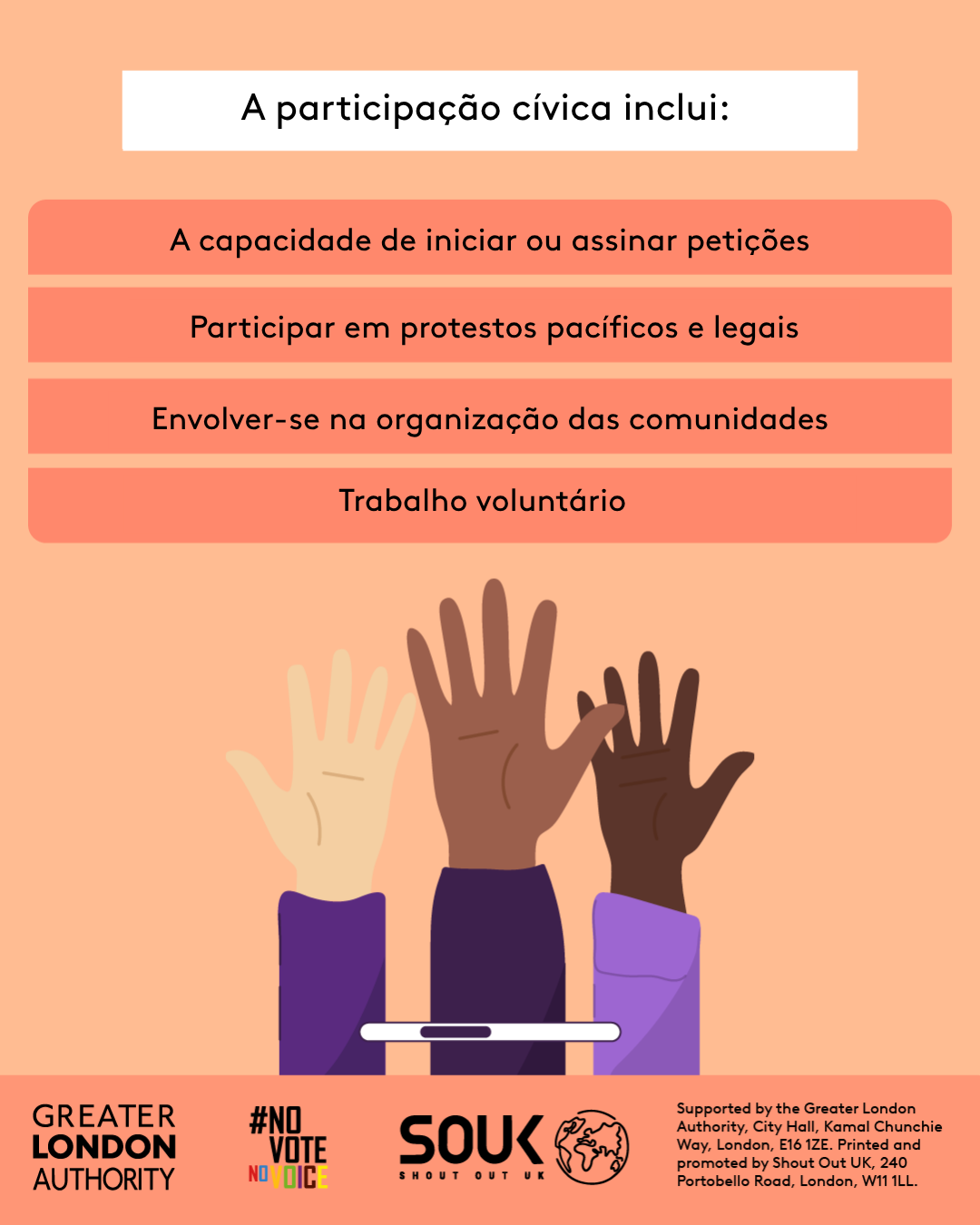Civic participation includes the ability to start or sign petitions, taking part in peaceful, legal protest, being involved in community organising, volunteering. Three raised hands with open palms in different skin tones. 
